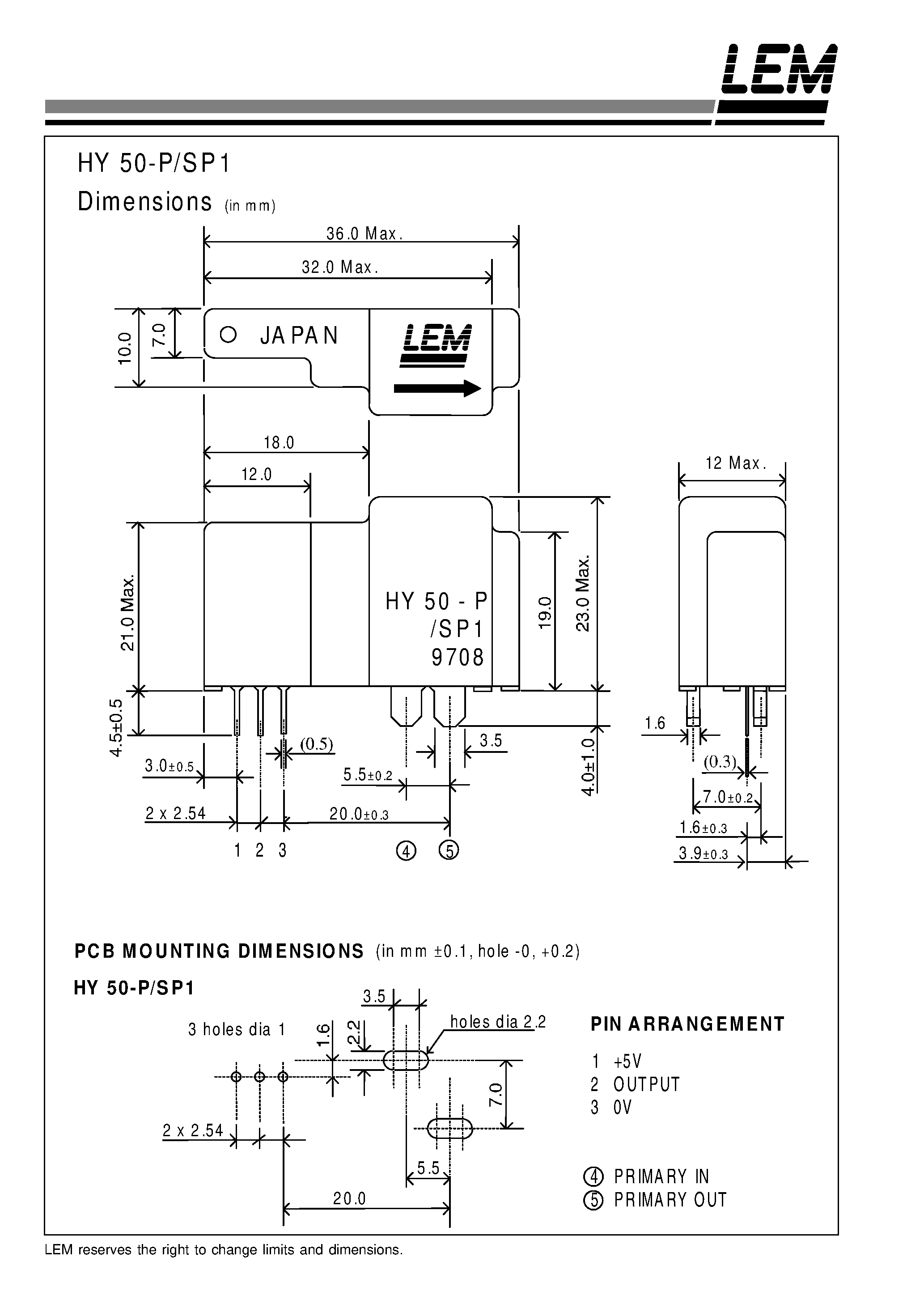 Datasheet HY50P - Current Transducers/ HY 50-P/SP1 page 2