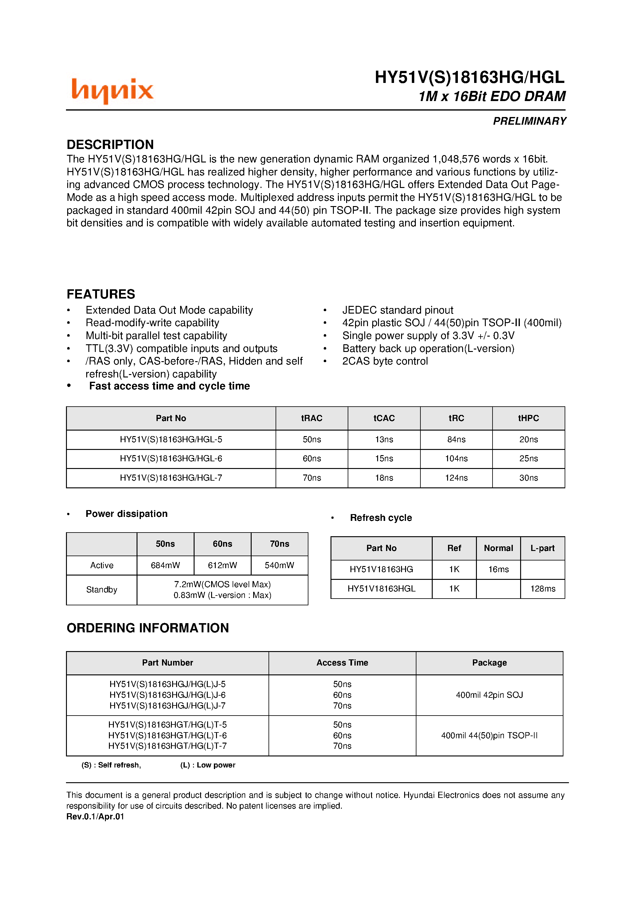 Даташит на микросхему HY51V18163HGJ страница 1 Даташит HY51V18163HGJ - 1M x 16Bit EDO DRAM страница 1