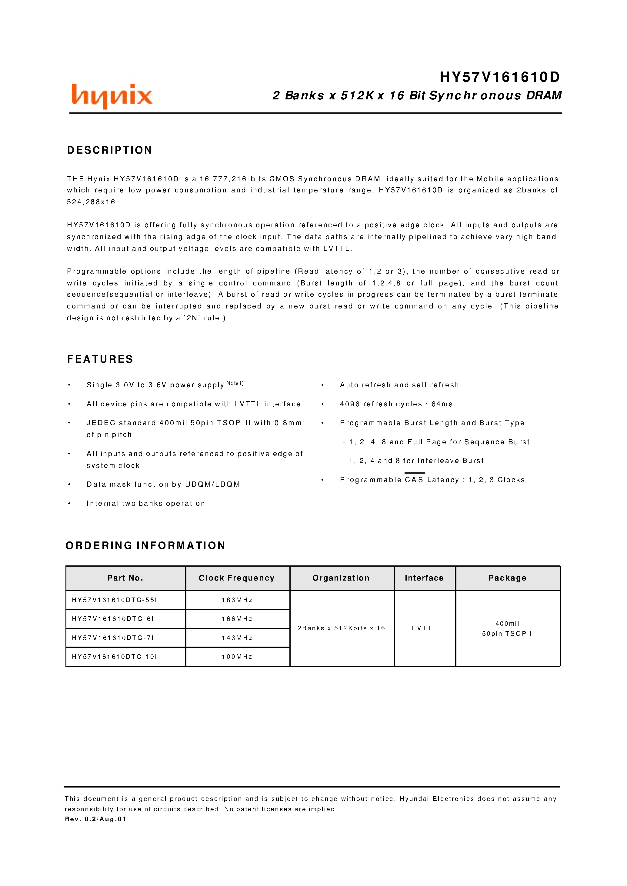 Datasheet HY57V161610D - 2 Banks x 512K x 16 Bit Synchronous DRAM page 1