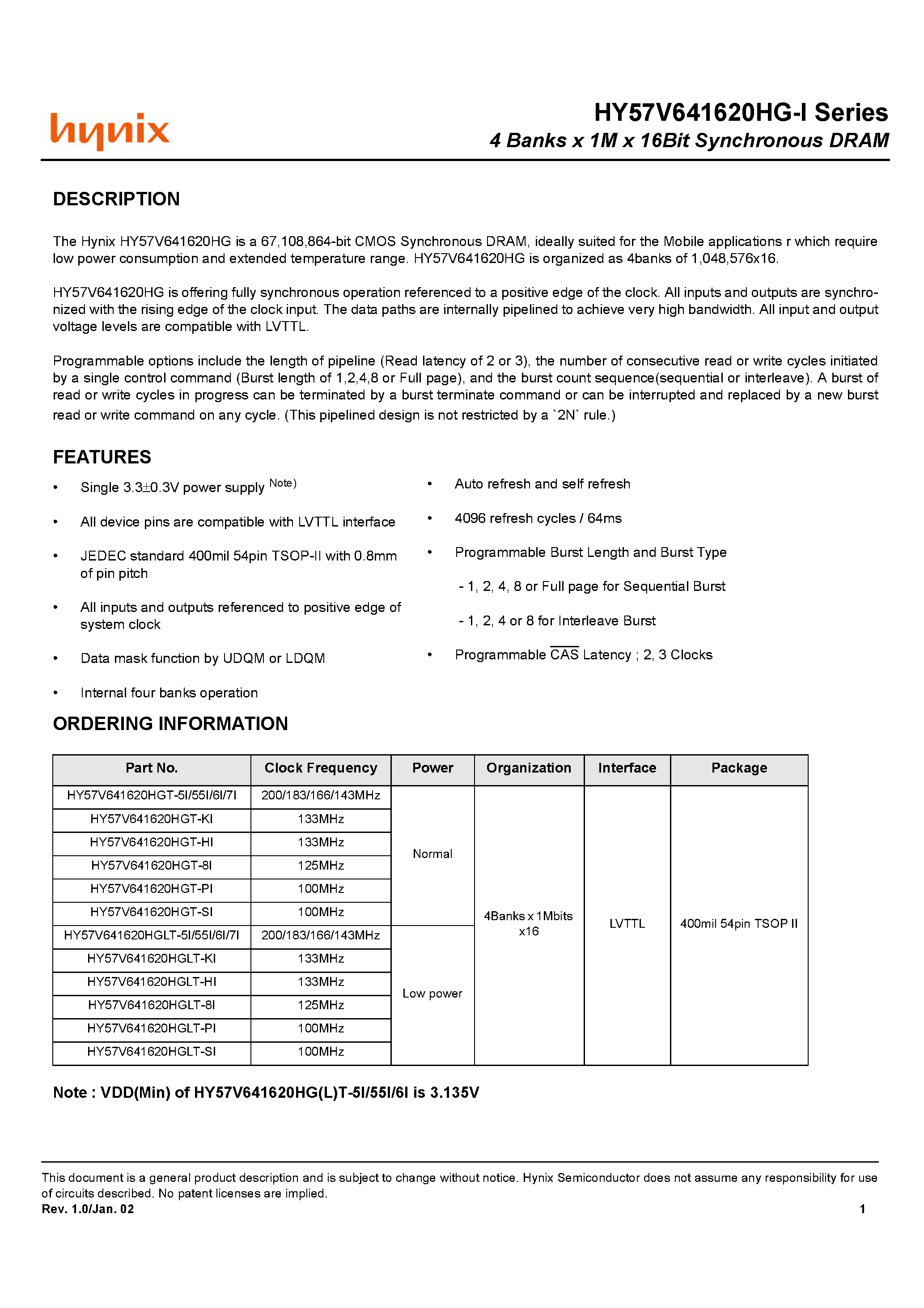 Datasheet HY57V641620HGLT-PI - 4 Banks x 1M x 16Bit Synchronous DRAM page 1