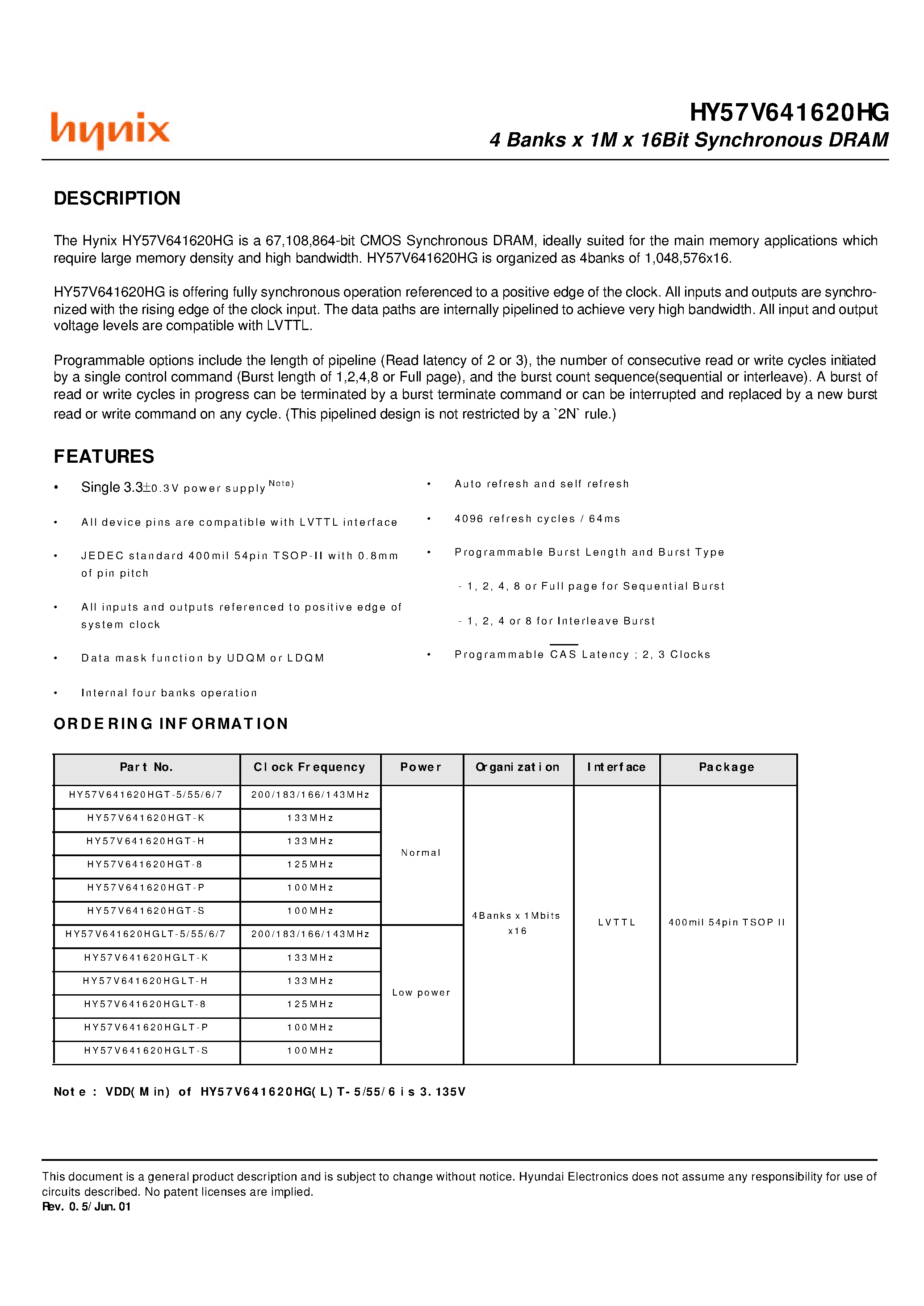 Datasheet HY57V641620HGT-55 - 4 Banks x 1M x 16Bit Synchronous DRAM page 1