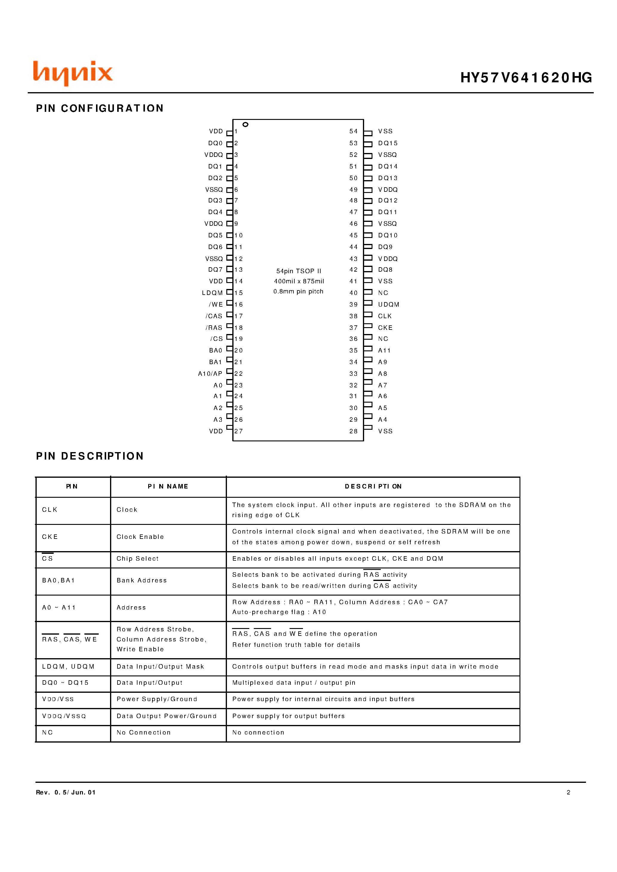 Datasheet HY57V641620HGT-55 - 4 Banks x 1M x 16Bit Synchronous DRAM page 2