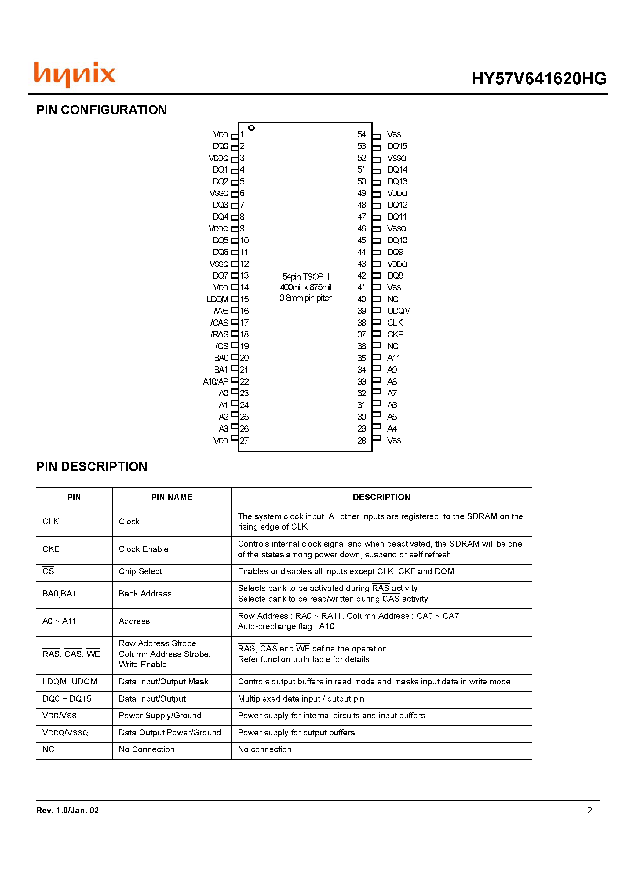 Datasheet HY57V641620HGT-SI - 4 Banks x 1M x 16Bit Synchronous DRAM page 2