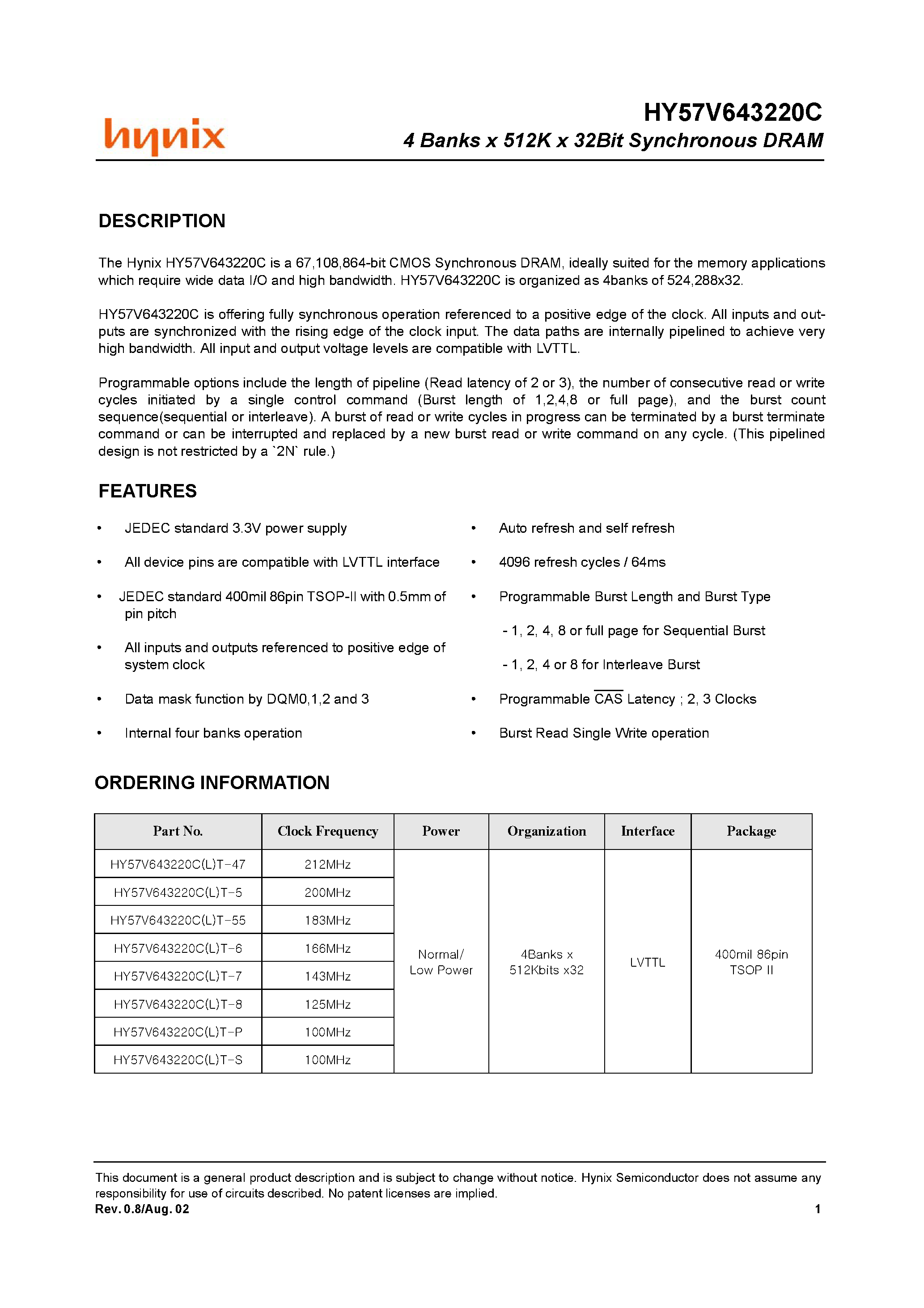 Datasheet HY57V643220CLT-8 - 4 Banks x 512K x 32Bit Synchronous DRAM page 1