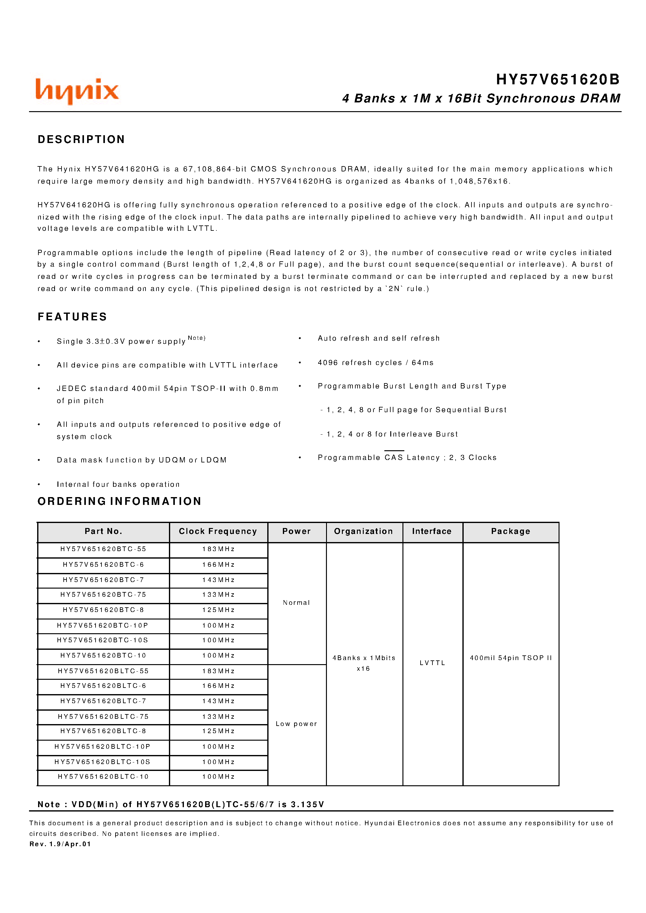 Datasheet HY57V651620BLTC-55 - 4 Banks x 1M x 16Bit Synchronous DRAM page 1