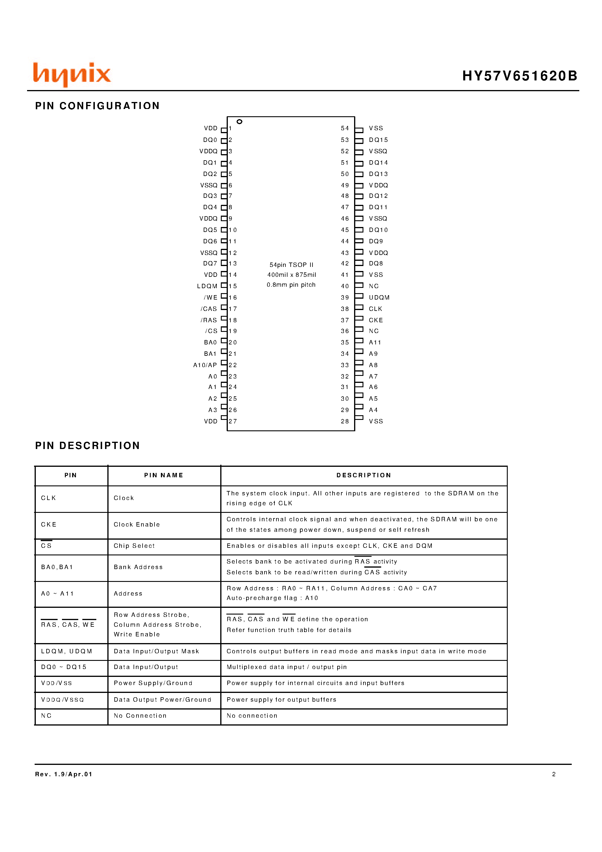 Datasheet HY57V651620BTC-10P - 4 Banks x 1M x 16Bit Synchronous DRAM page 2
