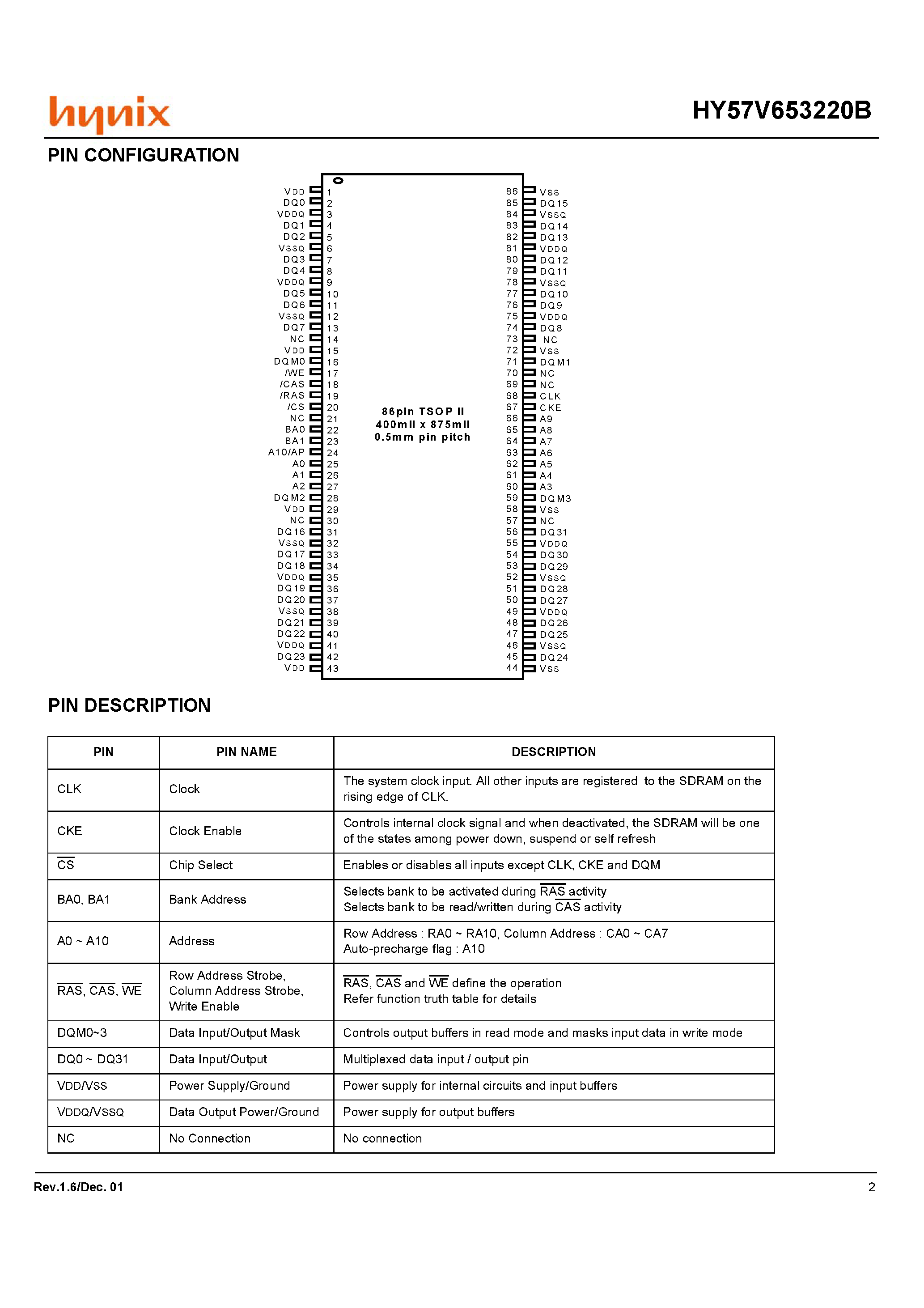 Datasheet HY57V653220BTC - 4 Banks x 512K x 32Bit Synchronous DRAM page 2