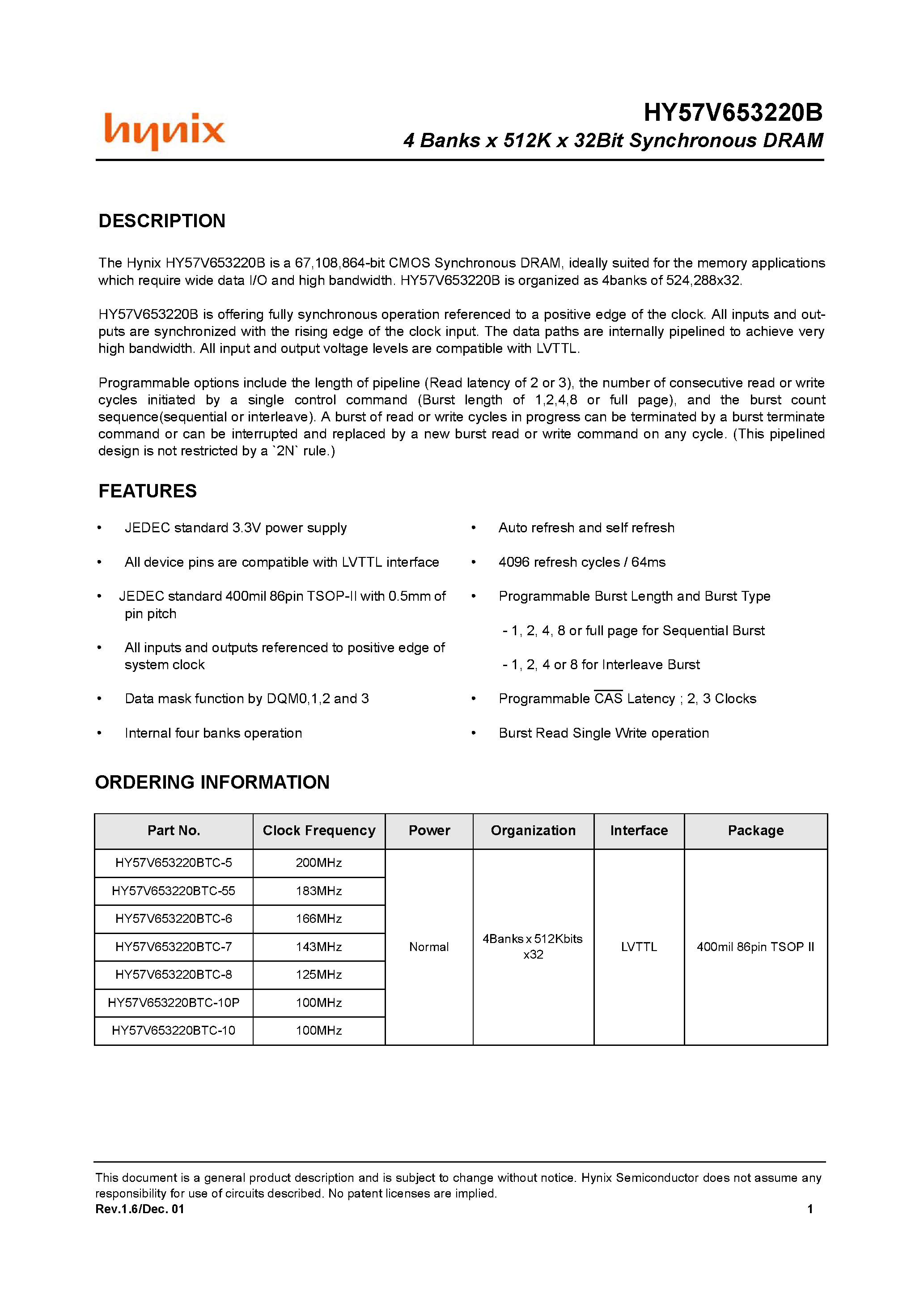 Datasheet HY57V653220BTC-8 - 4 Banks x 512K x 32Bit Synchronous DRAM page 1