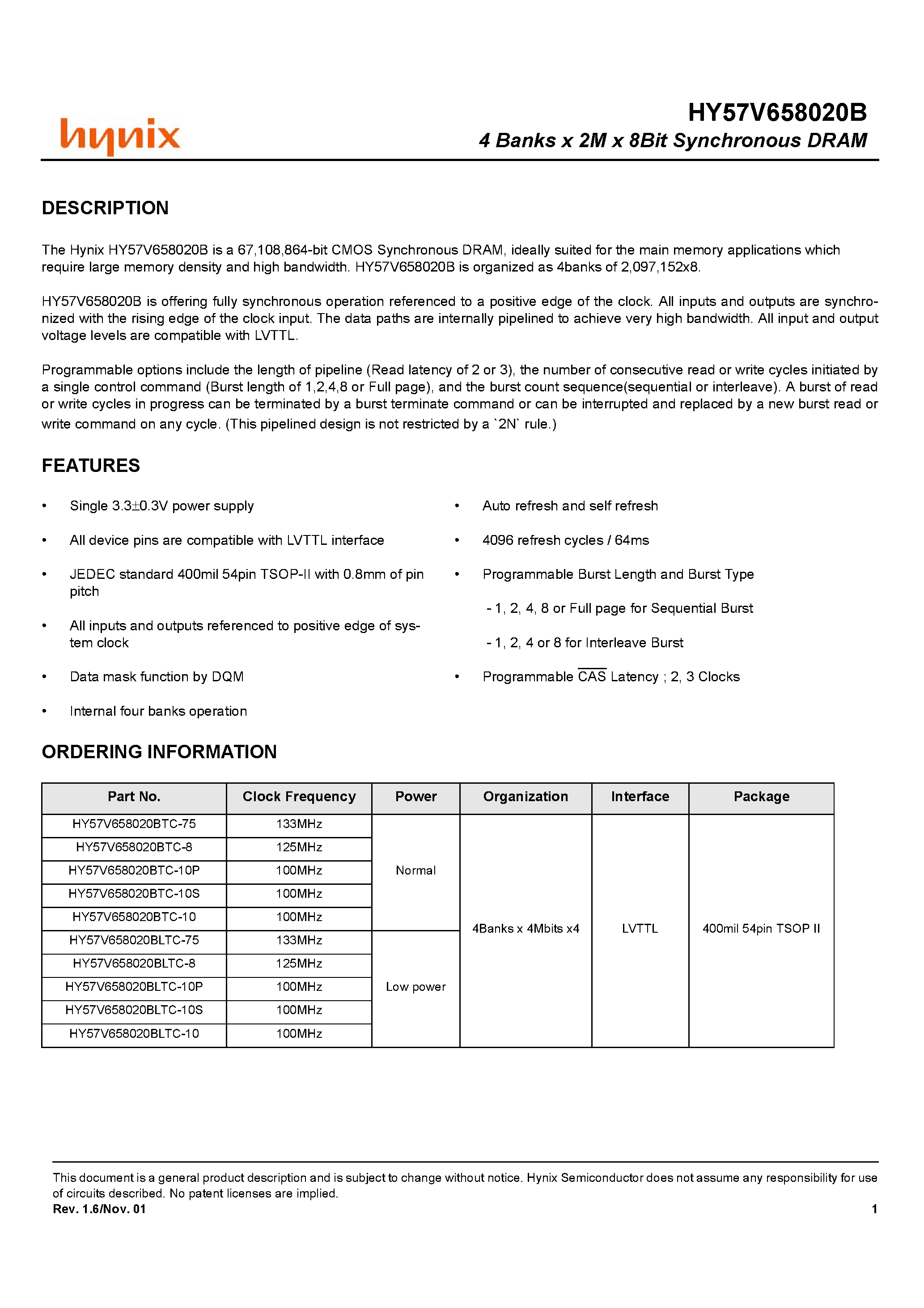 Datasheet HY57V658020BTC-75 - 4 Banks x 2M x 8Bit Synchronous DRAM page 1