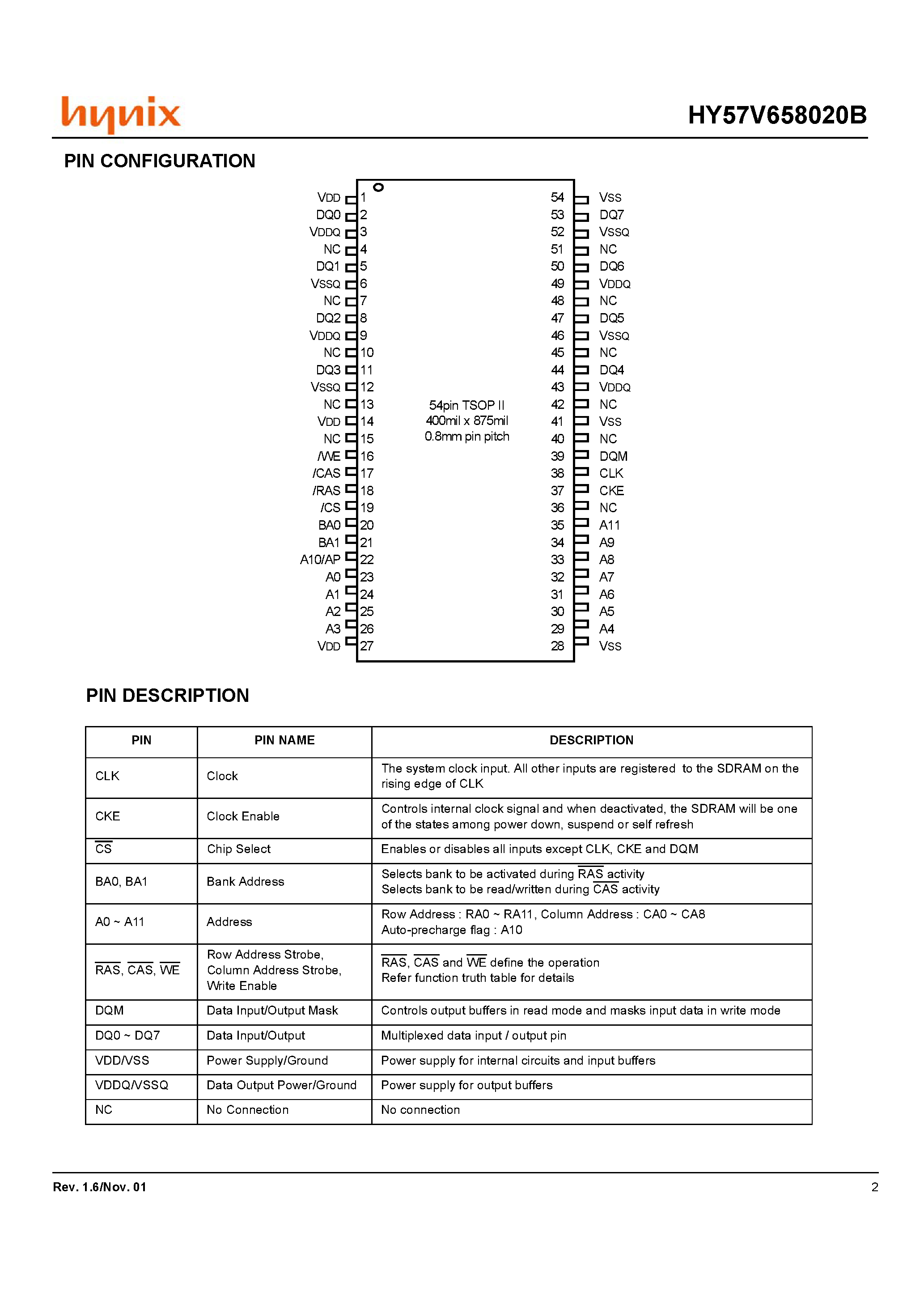 Datasheet HY57V658020BTC-75 - 4 Banks x 2M x 8Bit Synchronous DRAM page 2