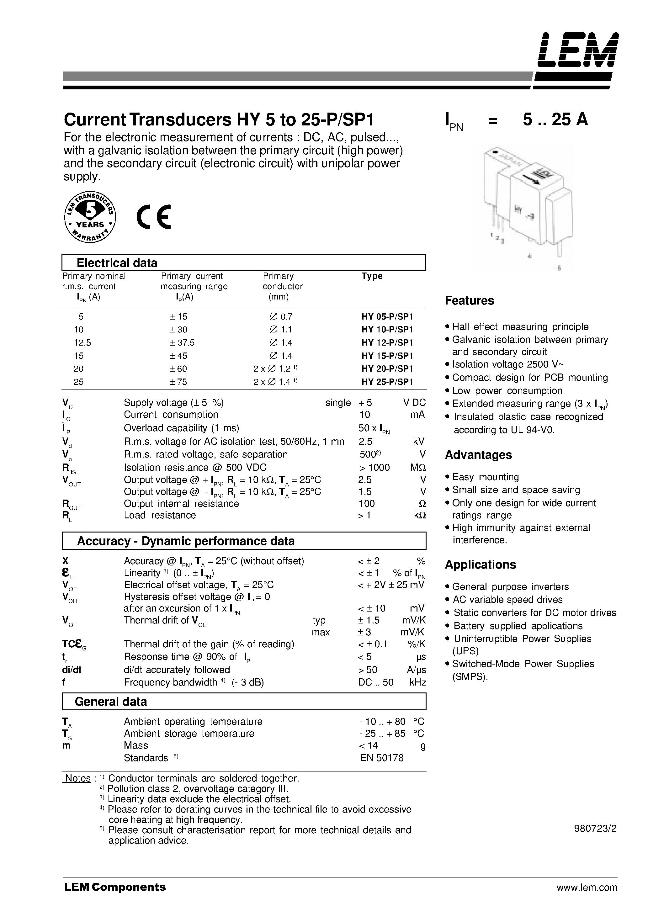 Datasheet HY5P - Current Transducers HY 5 to 25-P/SP1 page 1