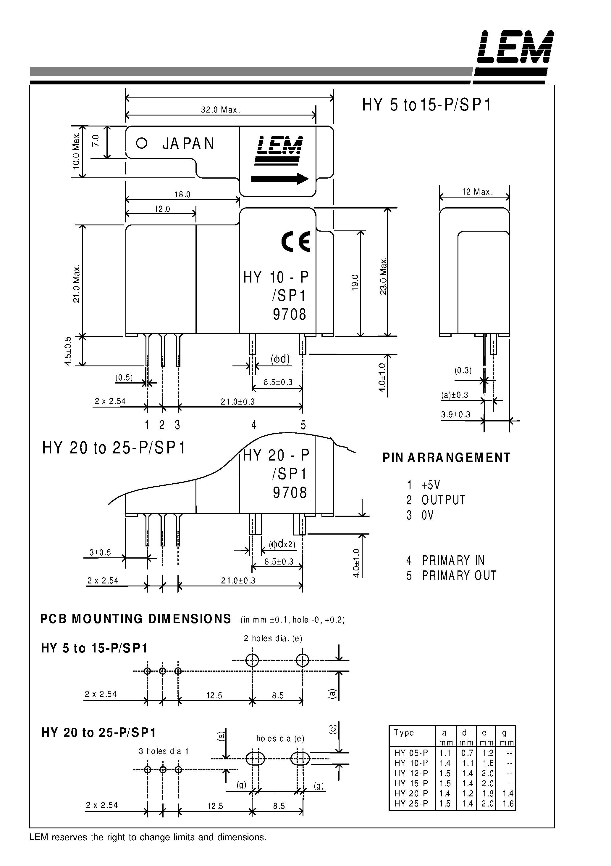 Datasheet HY5P - Current Transducers HY 5 to 25-P/SP1 page 2