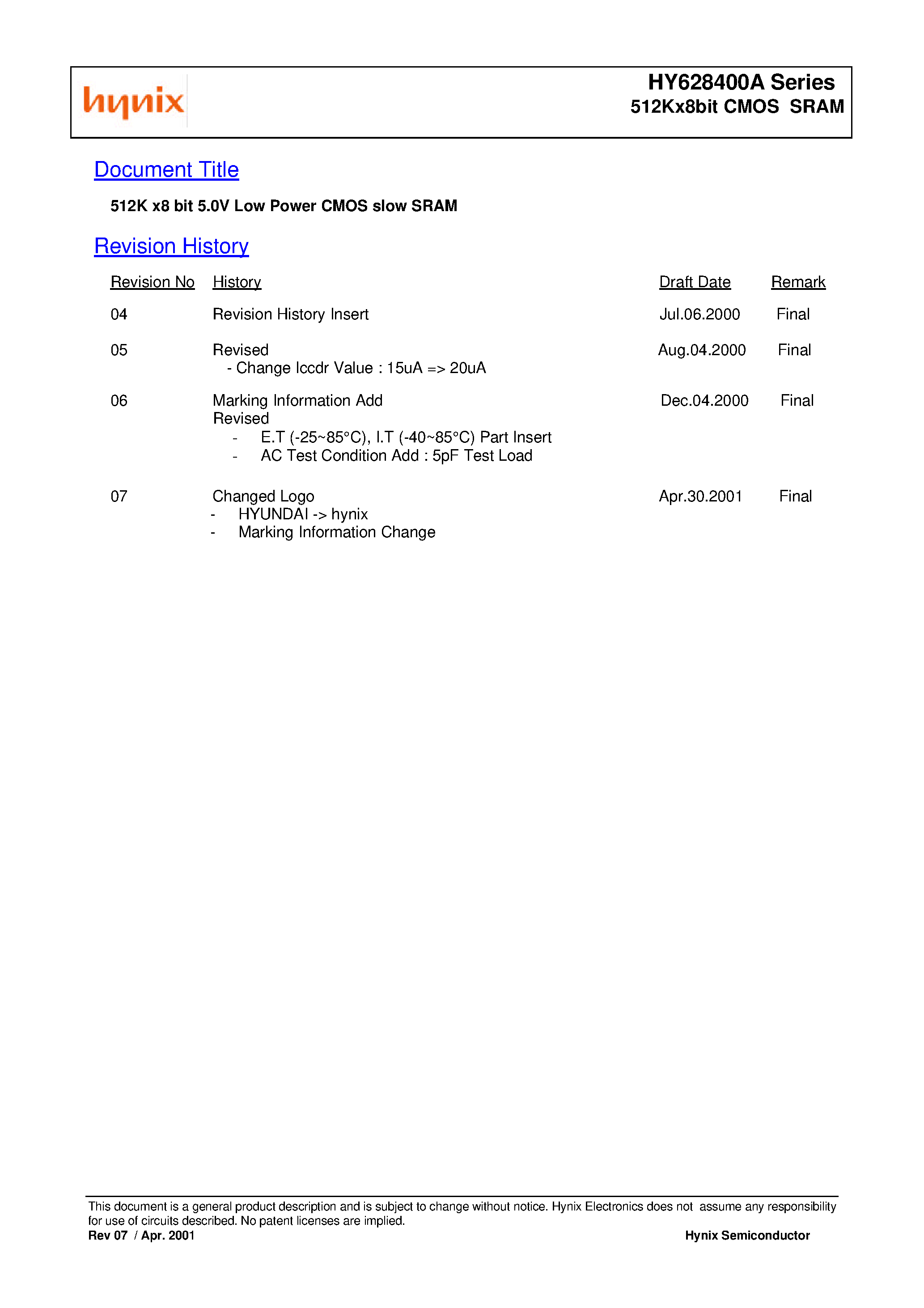 Datasheet HY628400ALLT2-I page 1 Datasheet HY628400ALLT2-I - 512K x8 bit 5.0V Low Power CMOS slow SRAM page 1