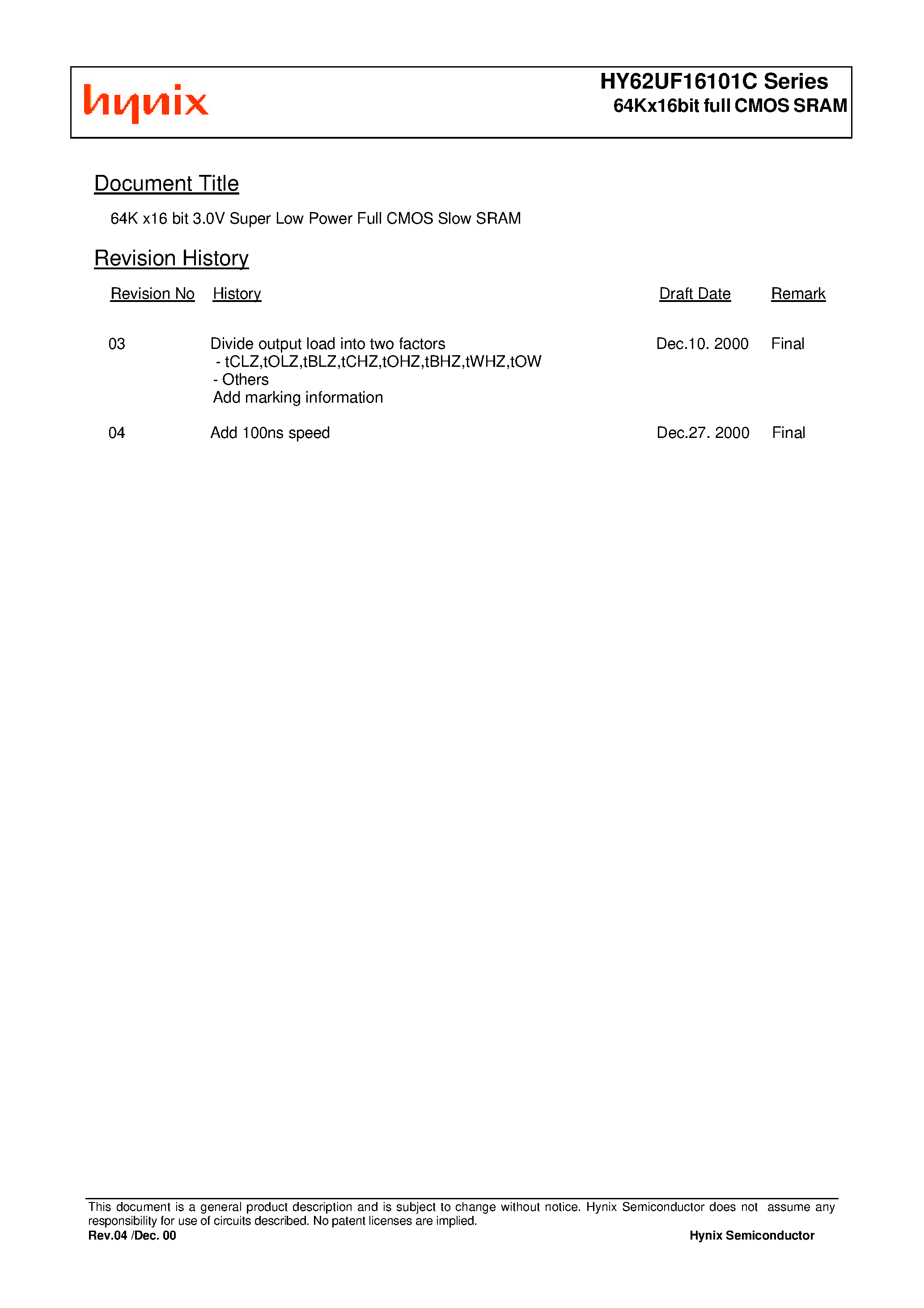 Даташит HY62UF16101CLLF-I - 64Kx16bit full CMOS SRAM страница 1