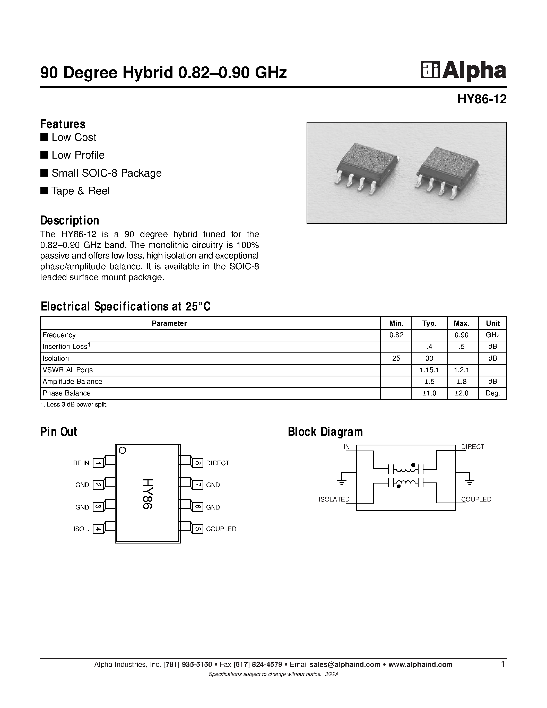 Datasheet HY86-12 - 90 Degree Hybrid 0.82-0.90 GHz page 1