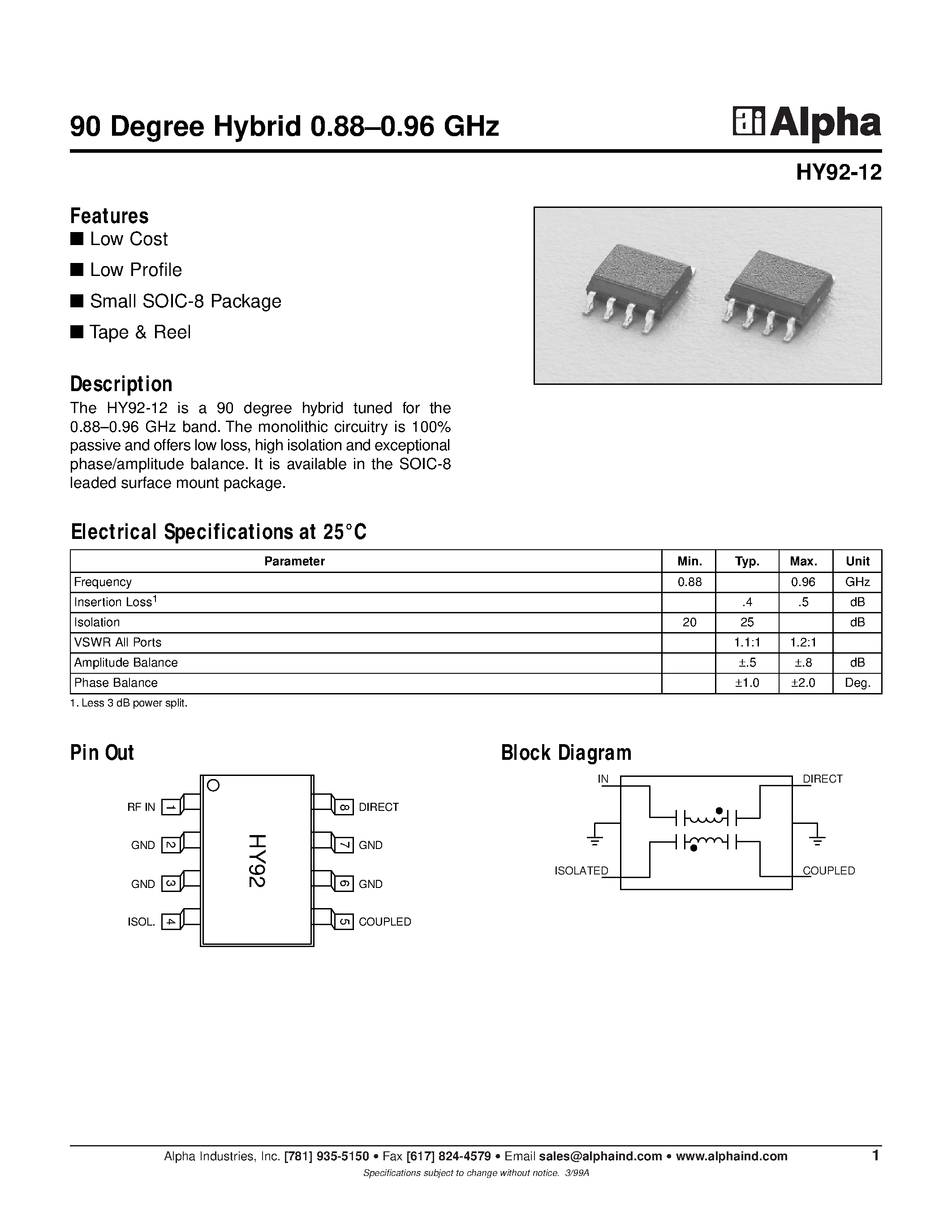 Datasheet HY92-12 page 1 Datasheet HY92-12 - 90 Degree Hybrid 0.88-0.96 GHz page 1