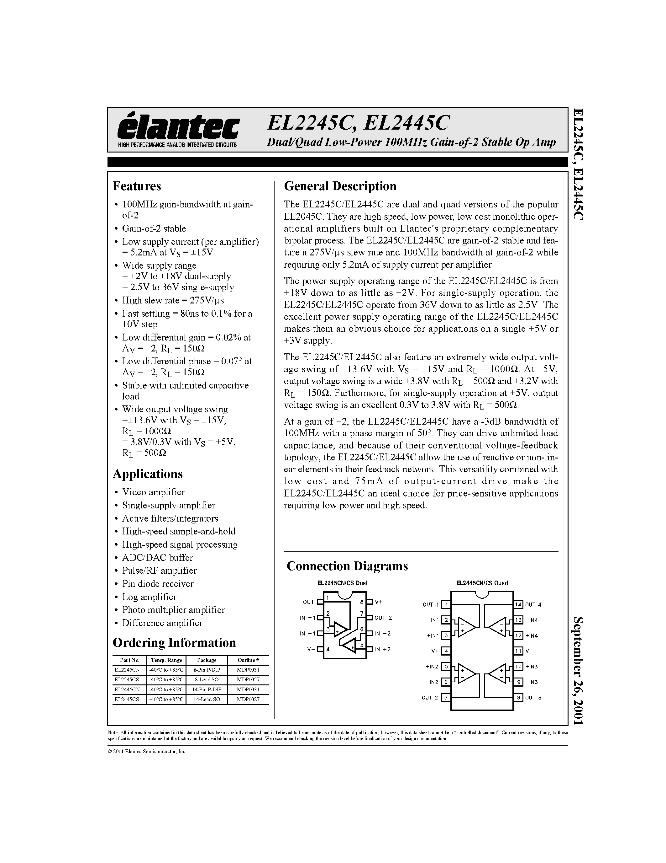 Datasheet EL2245C - Dual/Quad Low-Power 100MHz Gain-of-2 Stable Op Amp page 1