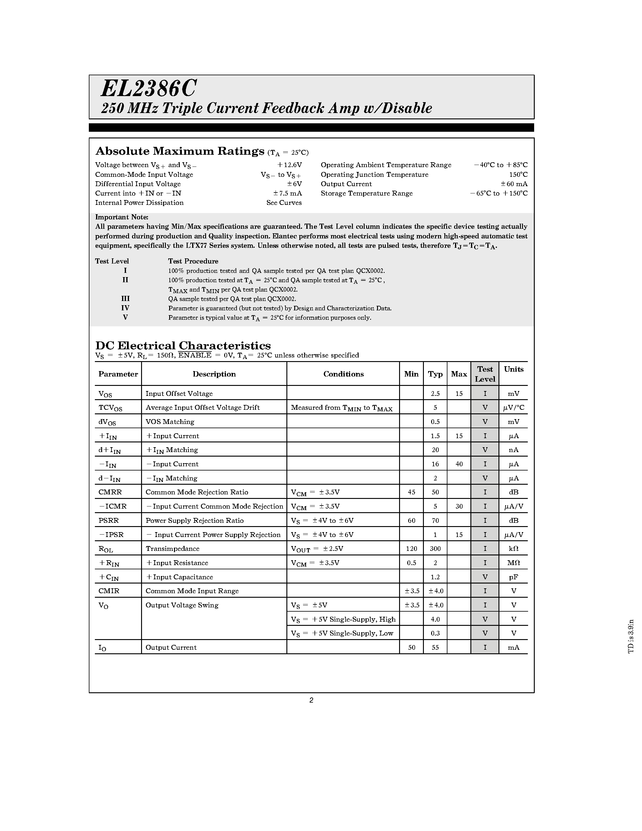 Datasheet EL2386 page 2 Datasheet EL2386 - 250 MHz Triple Current Feedback Amp w/Disable page 2