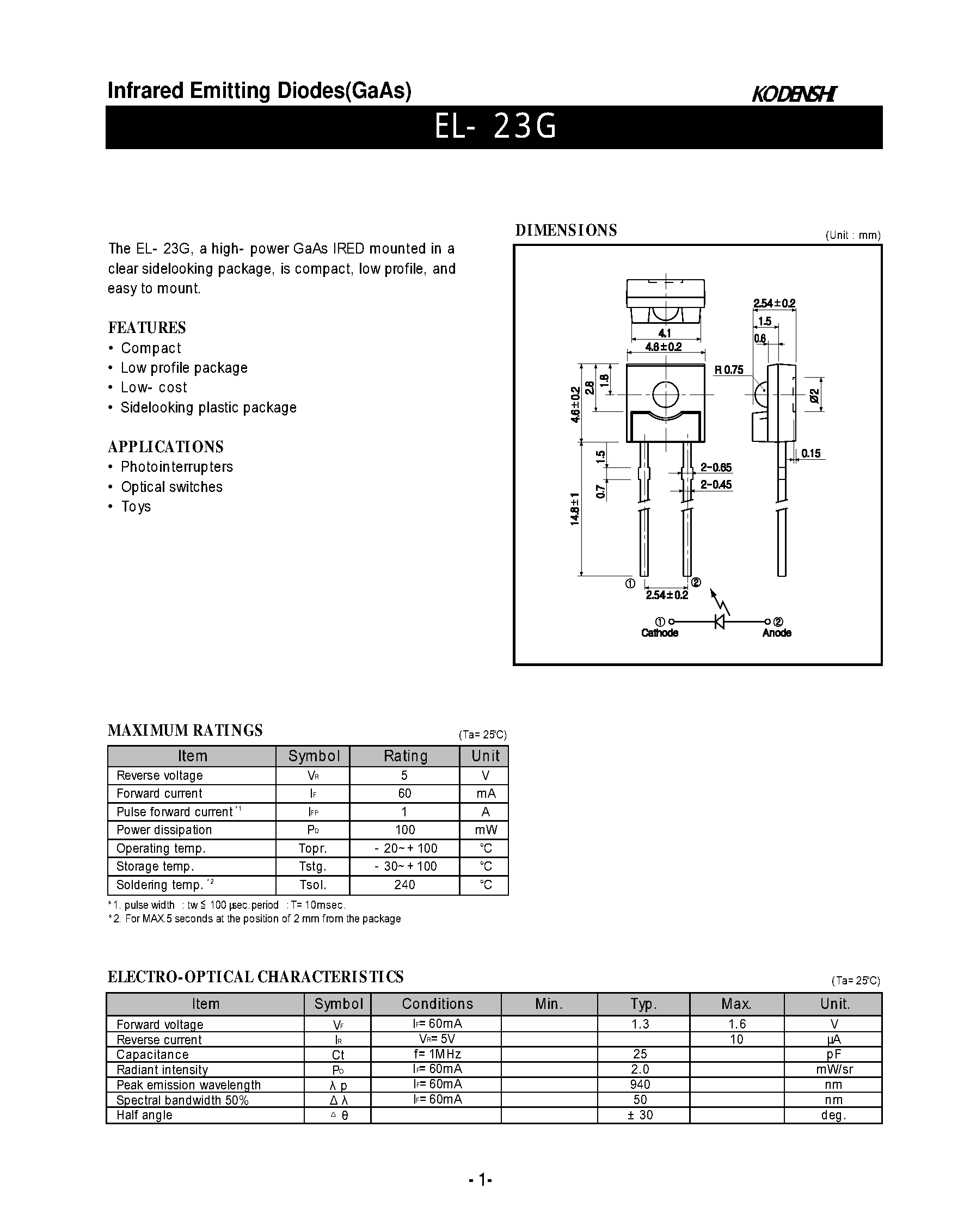 Даташит EL23G - Infrared Emitting Diodes(GaAs) страница 1