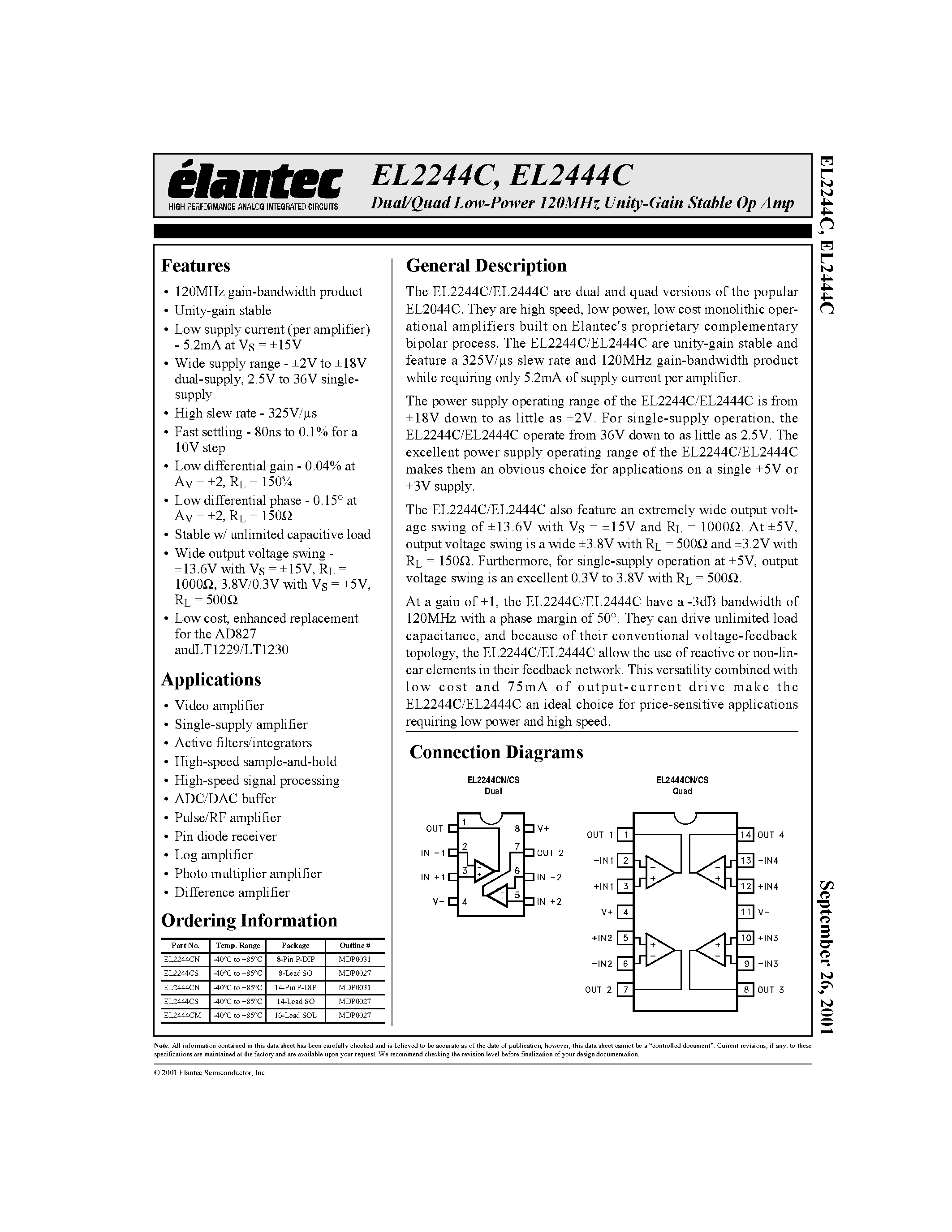 Datasheet EL2444CM - Dual/Quad Low-Power 120MHz Unity-Gain Stable Op Amp page 1