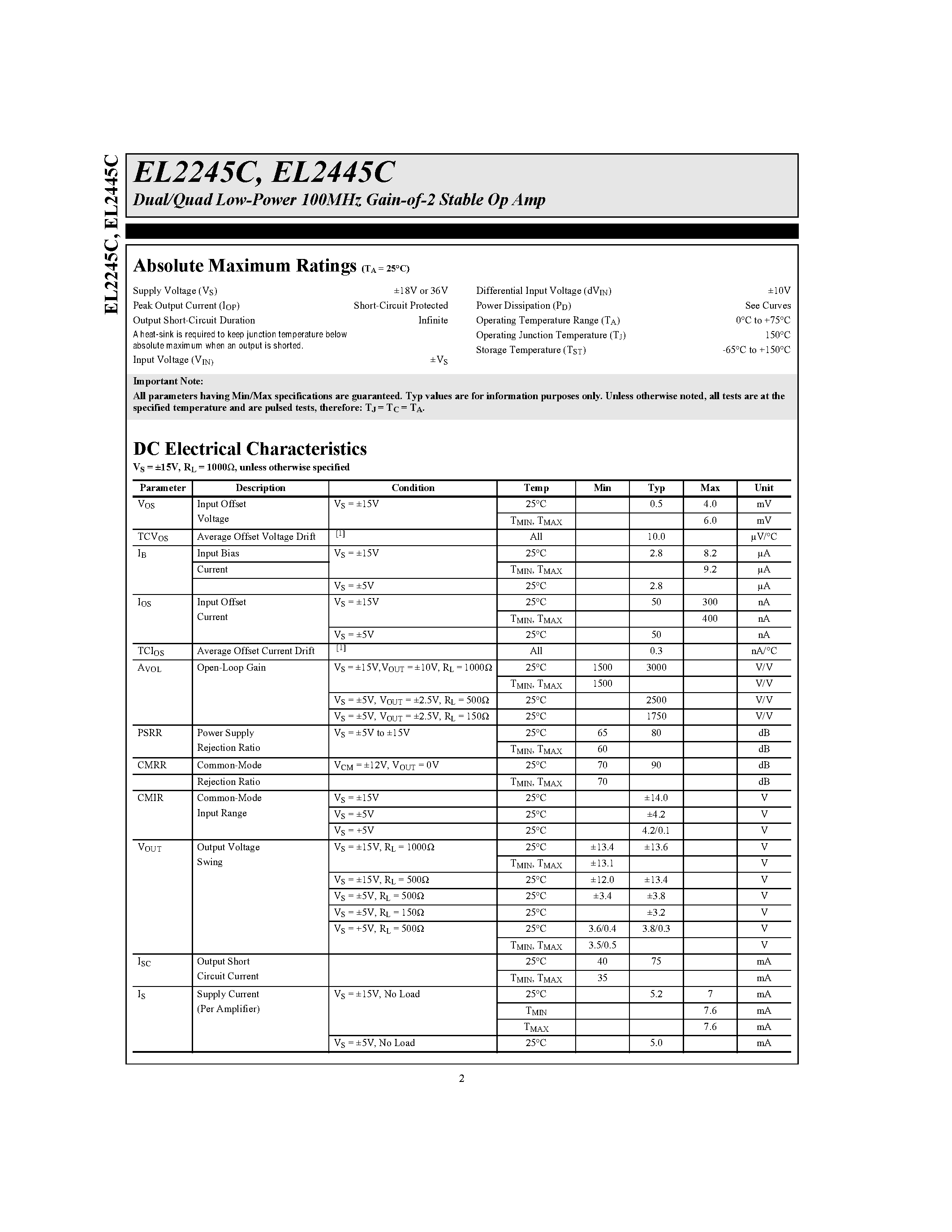 Datasheet EL2445CN - Dual/Quad Low-Power 100MHz Gain-of-2 Stable Op Amp page 2