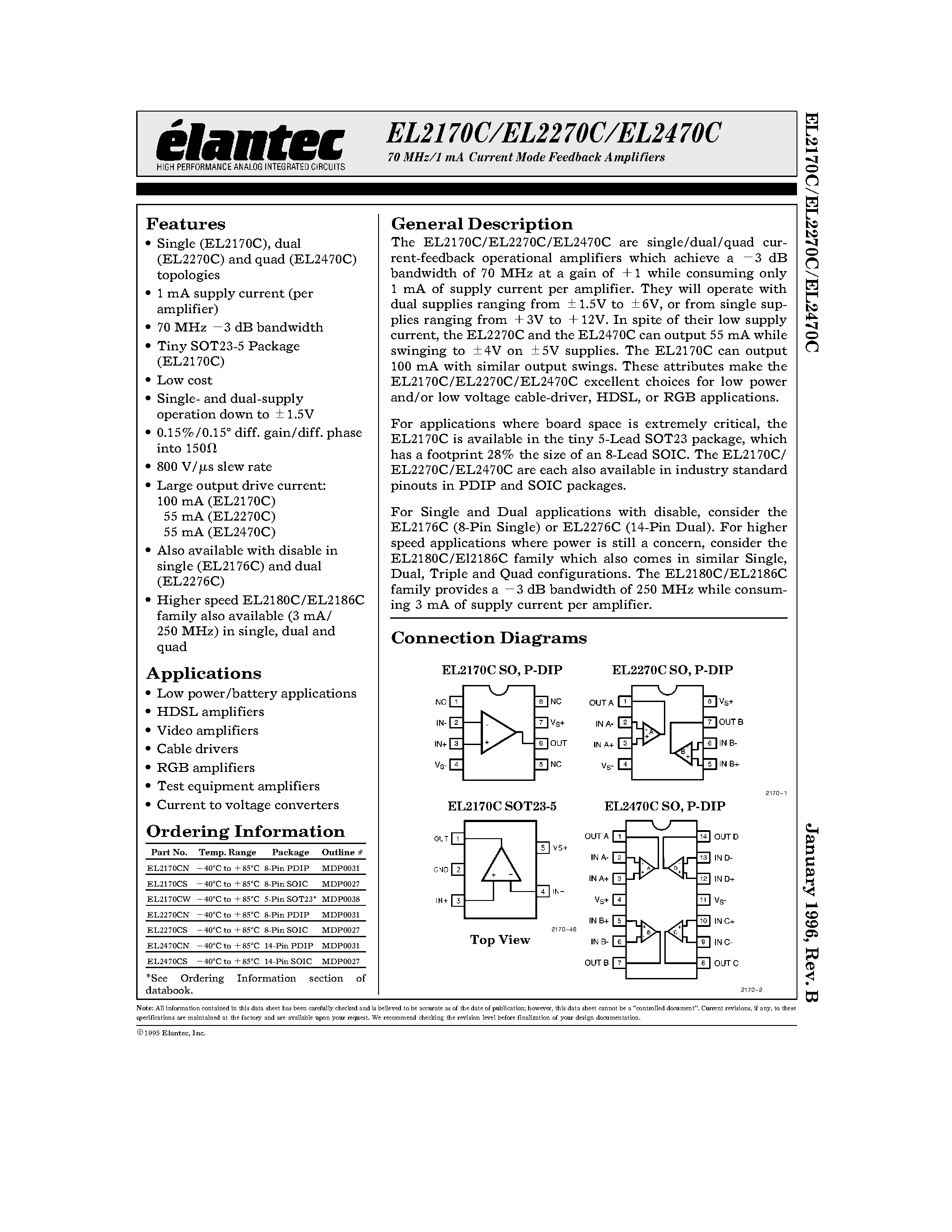 Даташит на микросхему EL2470CS страница 1 Даташит EL2470CS - 70 MHz/1 mA Current Mode Feedback Amplifiers страница 1
