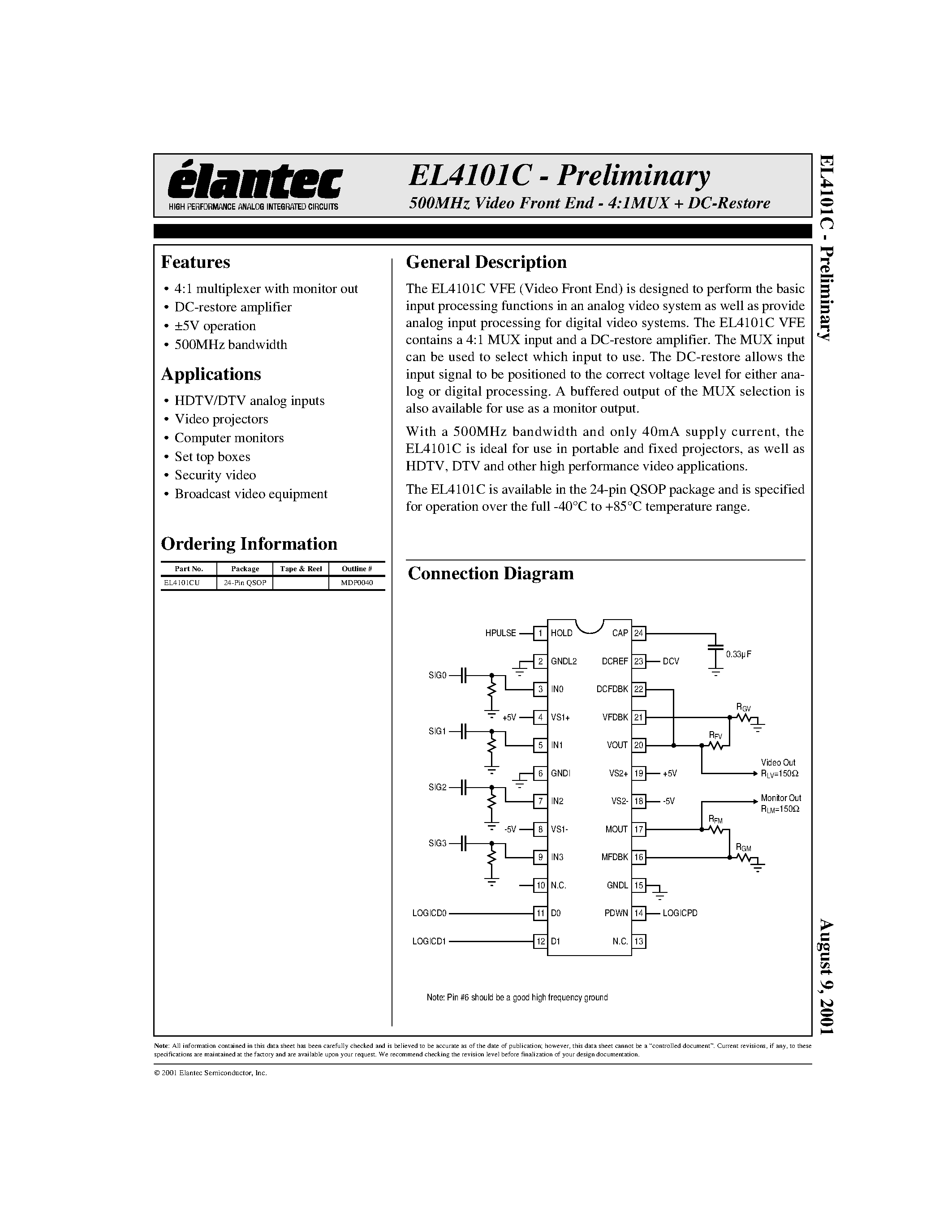 Datasheet EL4101C - 500MHz Video Front End - 4:1MUX + DC-Restore page 1