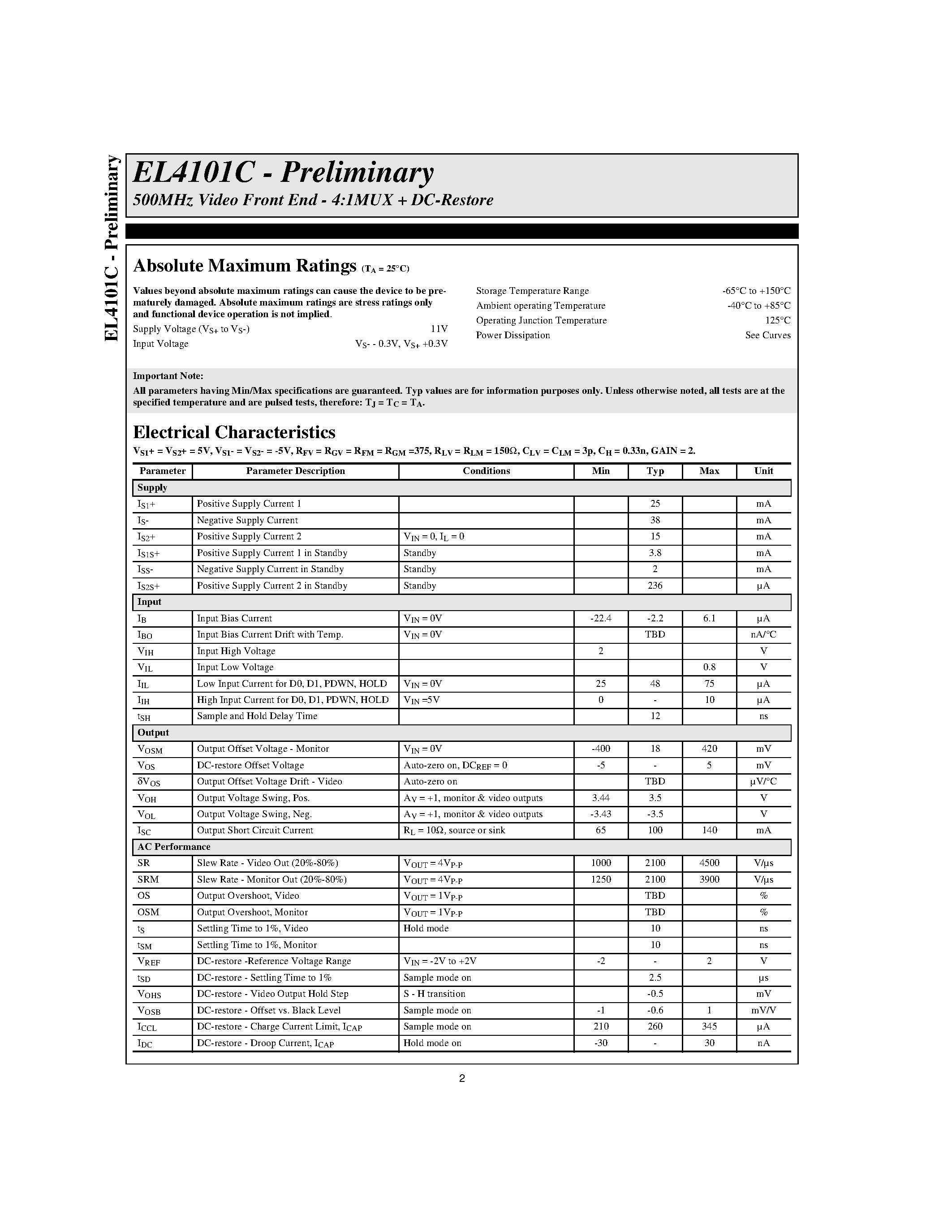 Datasheet EL4101CU page 2 Datasheet EL4101CU - 500MHz Video Front End - 4:1MUX + DC-Restore page 2