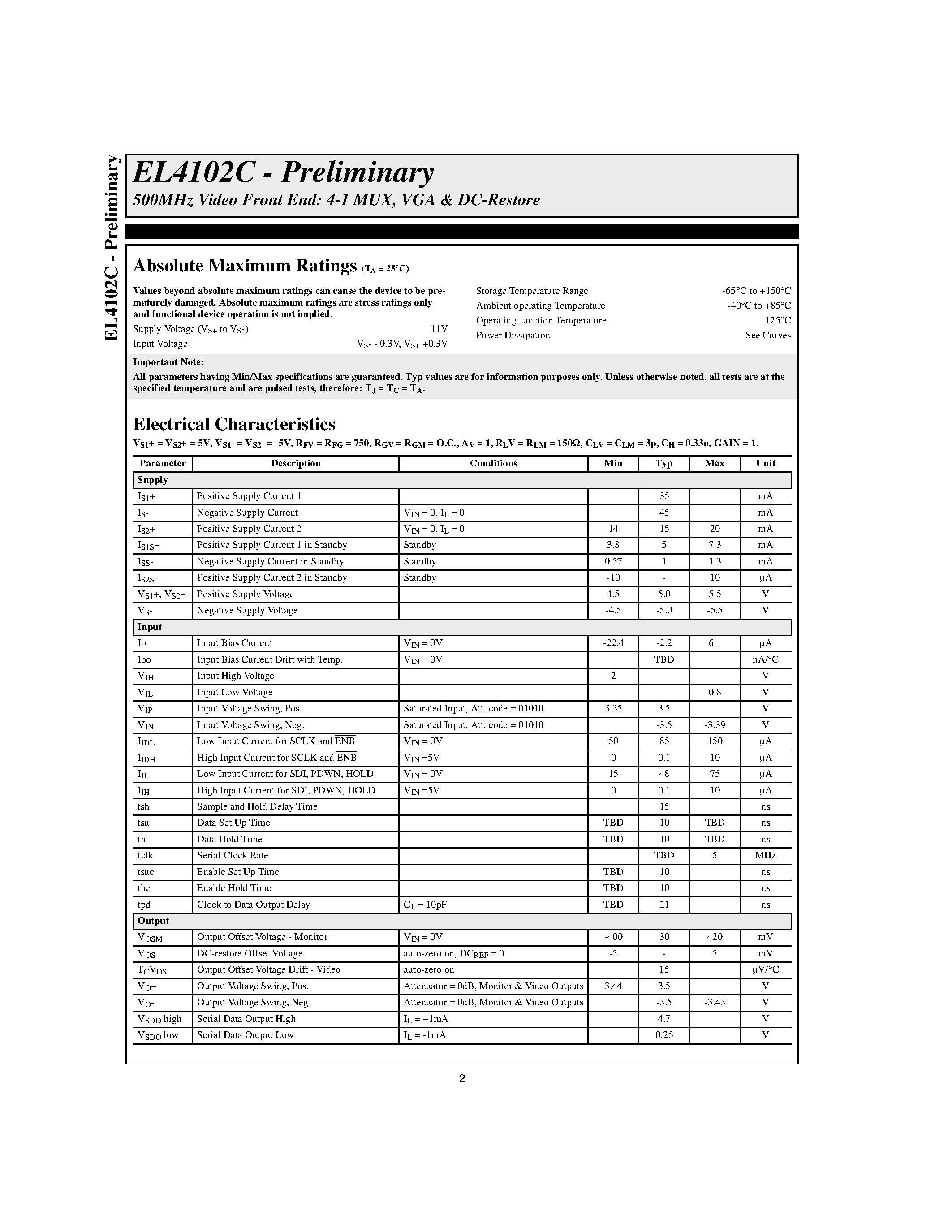 Datasheet EL4102 - 500MHz Video Front End: 4-1 MUX/ VGA & DC-Restore page 2