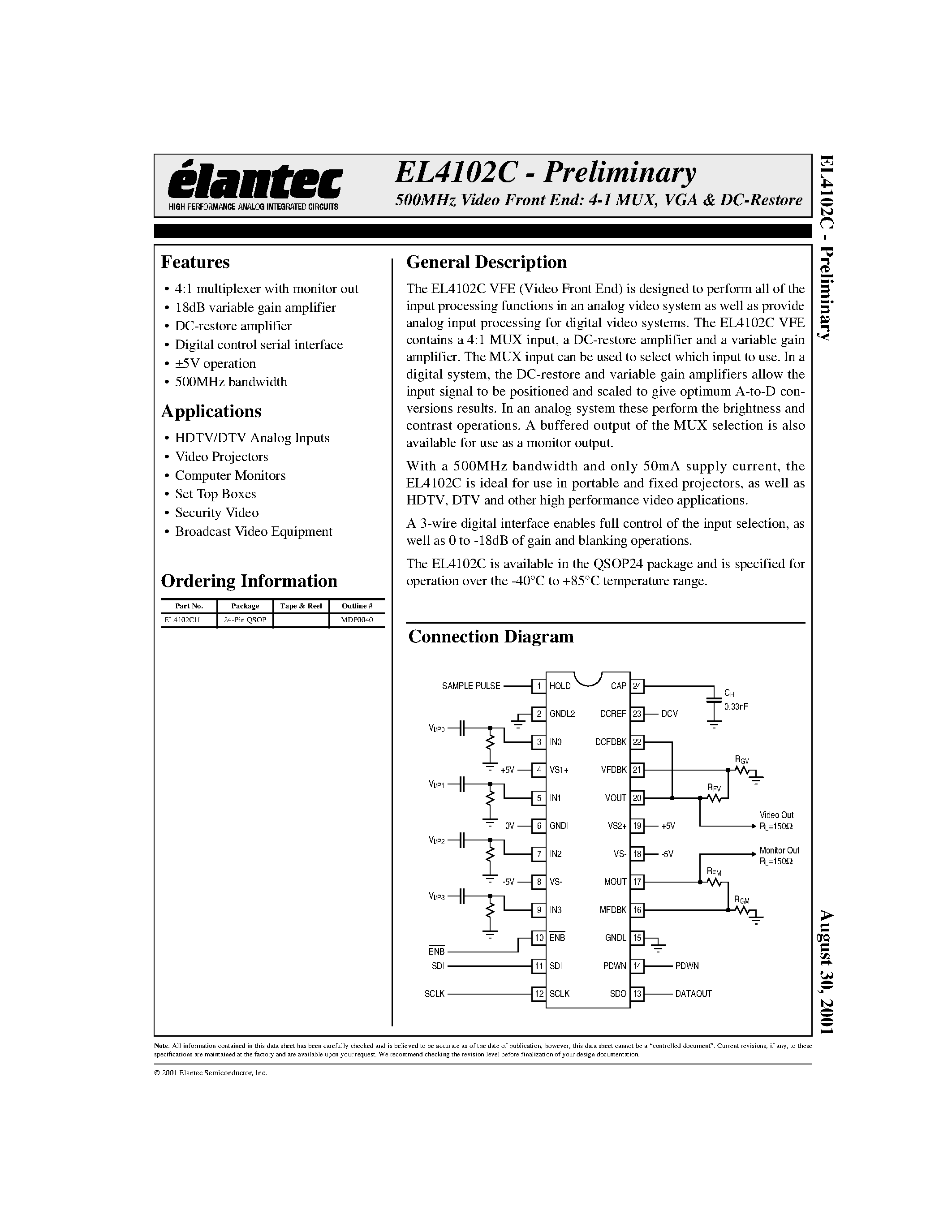 Datasheet EL4102C - 500MHz Video Front End: 4-1 MUX/ VGA & DC-Restore page 1