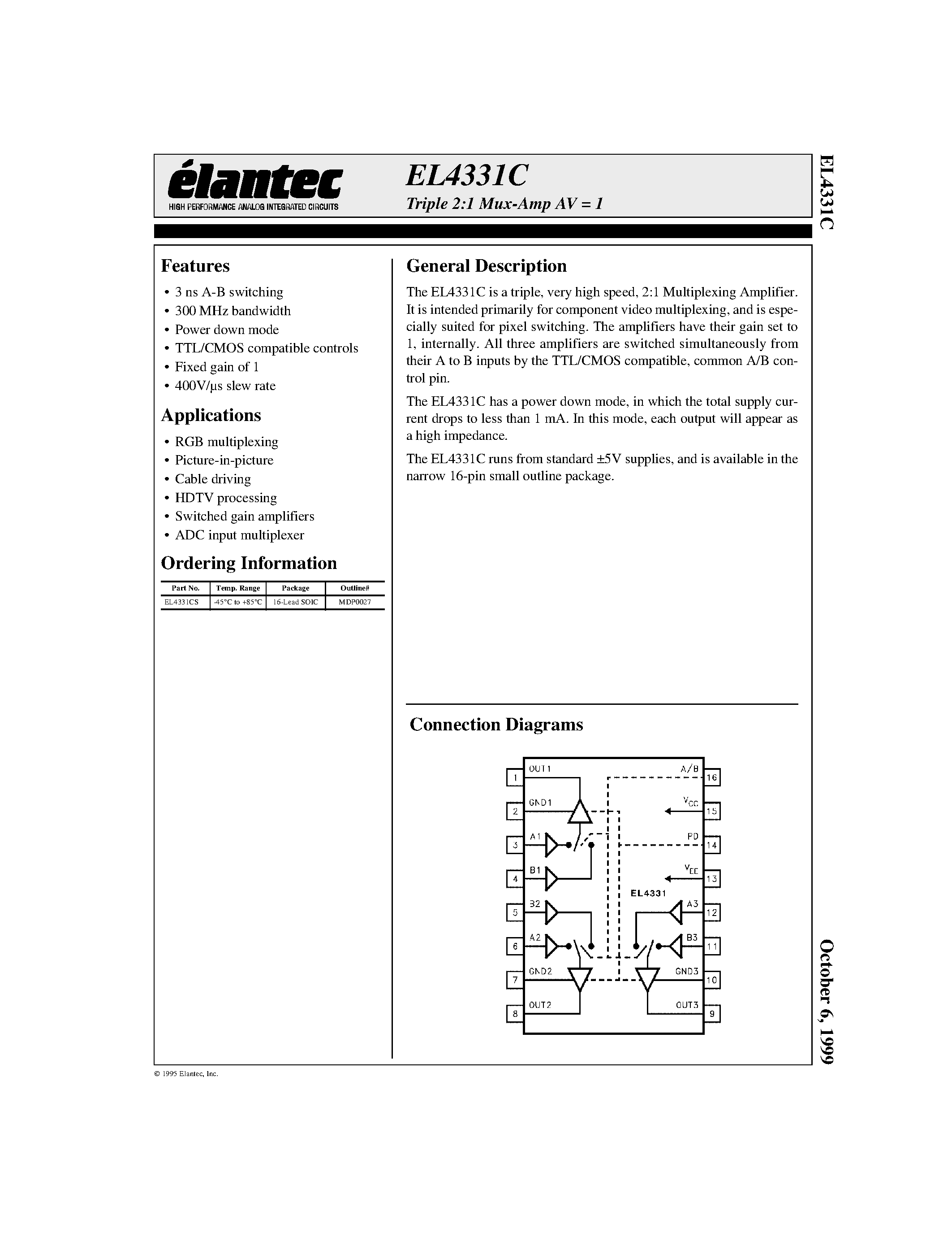 Datasheet EL4331CS - Triple 2:1 Mux-Amp AV = 1 page 1