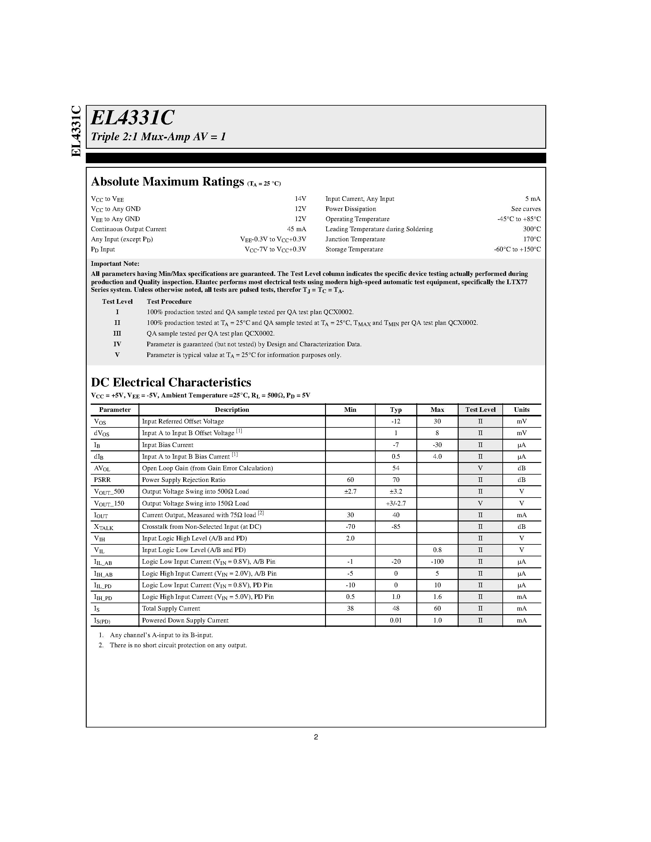 Datasheet EL4331CS - Triple 2:1 Mux-Amp AV = 1 page 2