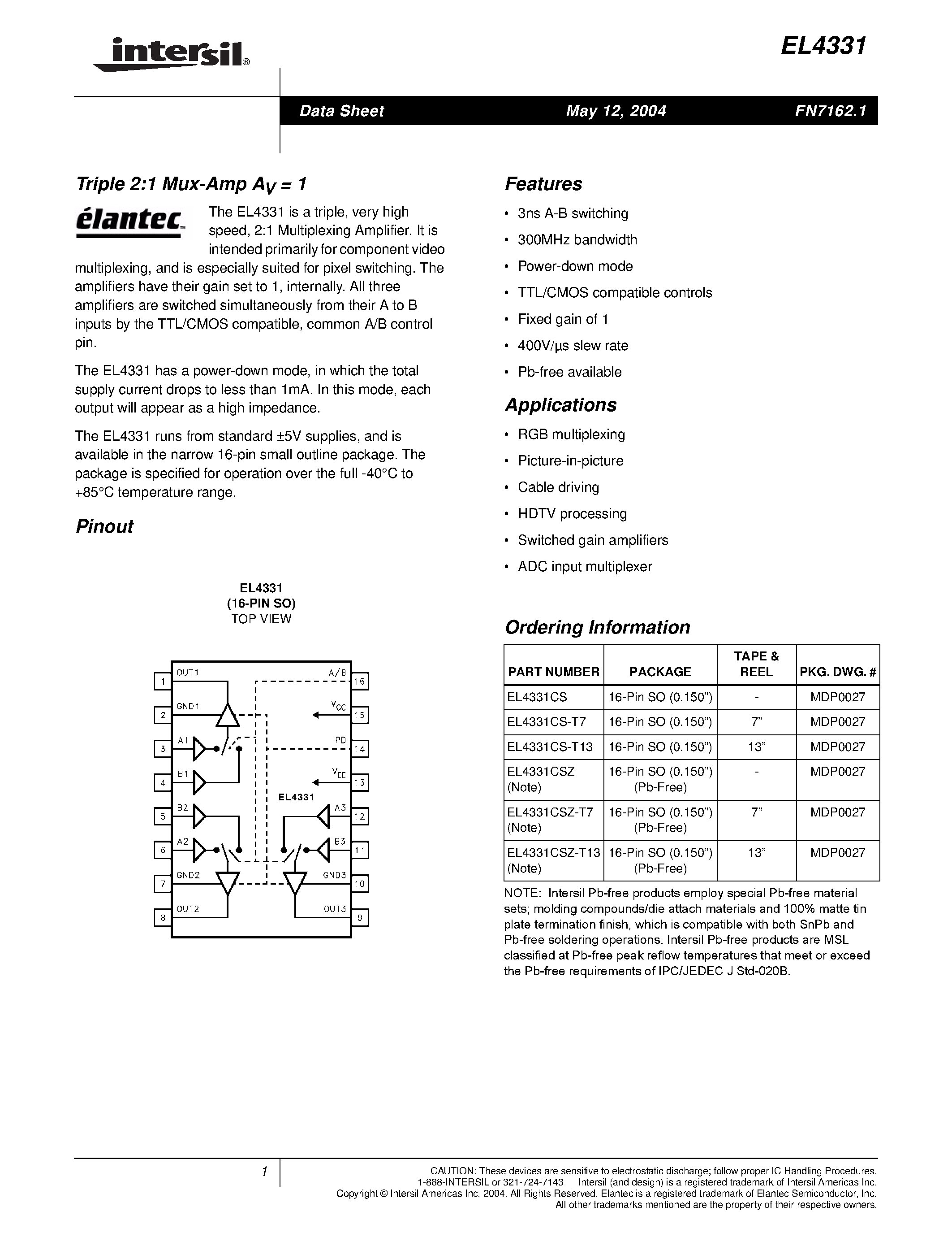 Datasheet EL4331CS-T7 - Triple 2:1 Mux-Amp AV = 1 page 1