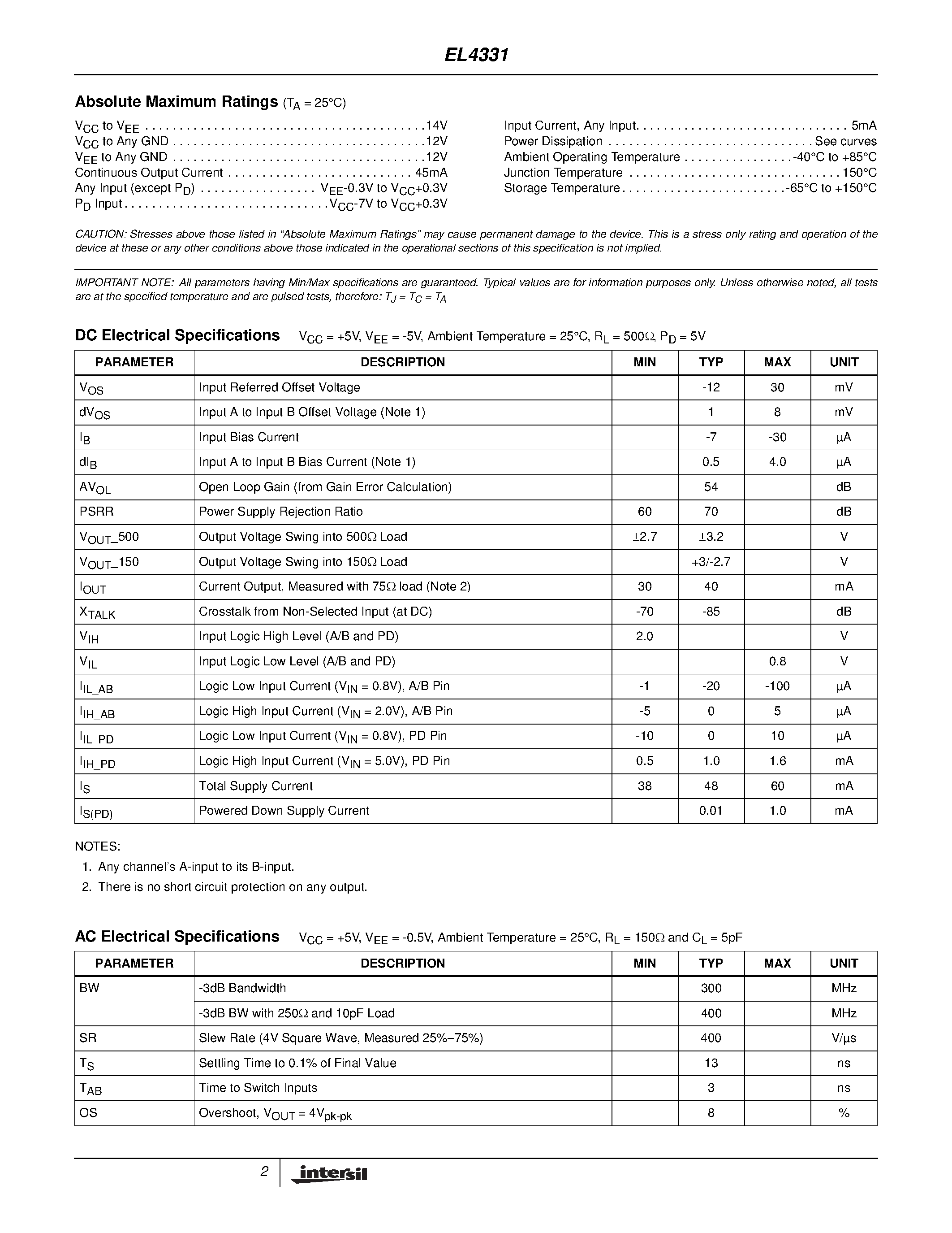 Datasheet EL4331CSZ - Triple 2:1 Mux-Amp AV = 1 page 2