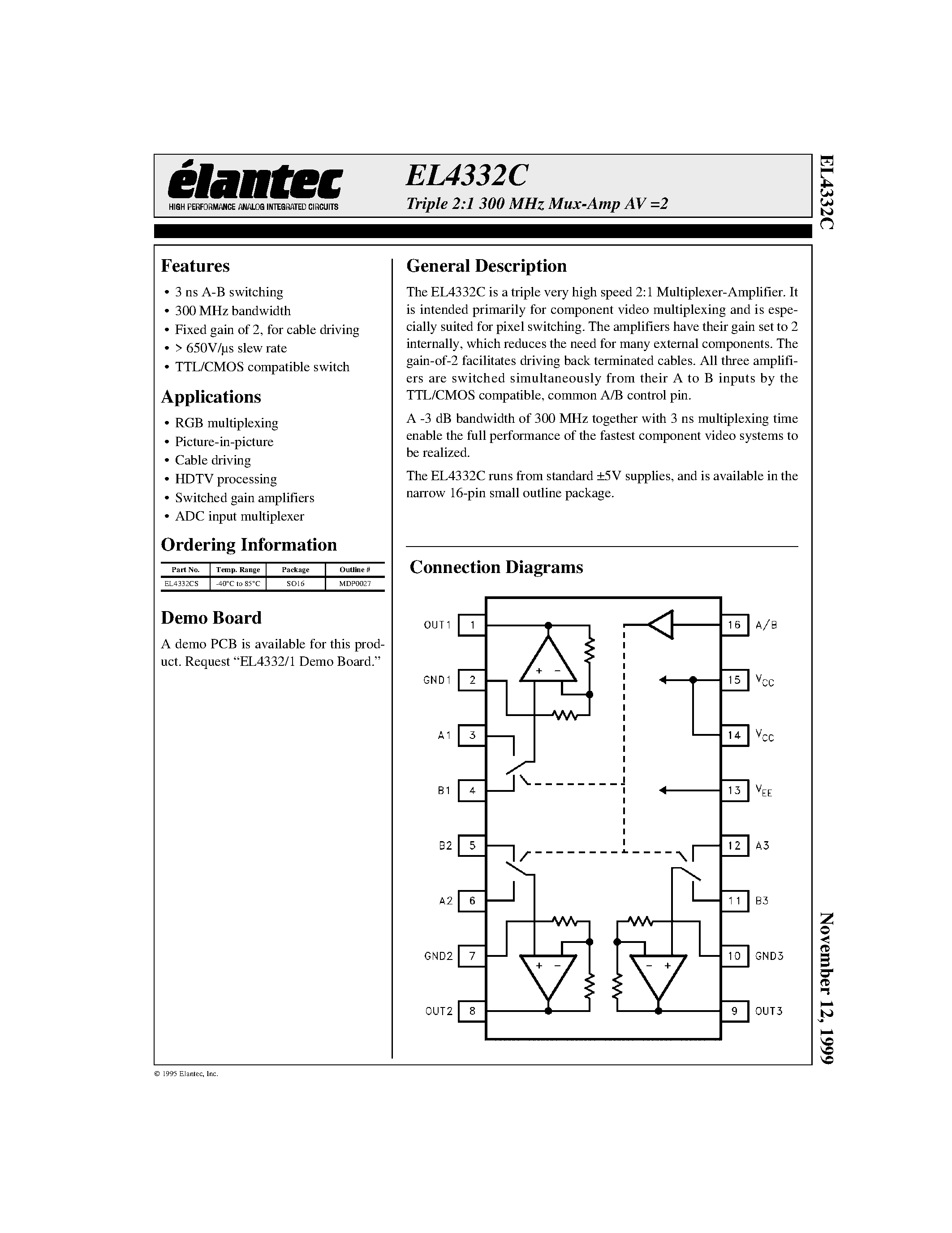 Datasheet EL4332 - Triple 2:1 300 MHz Mux-Amp AV =2 page 1