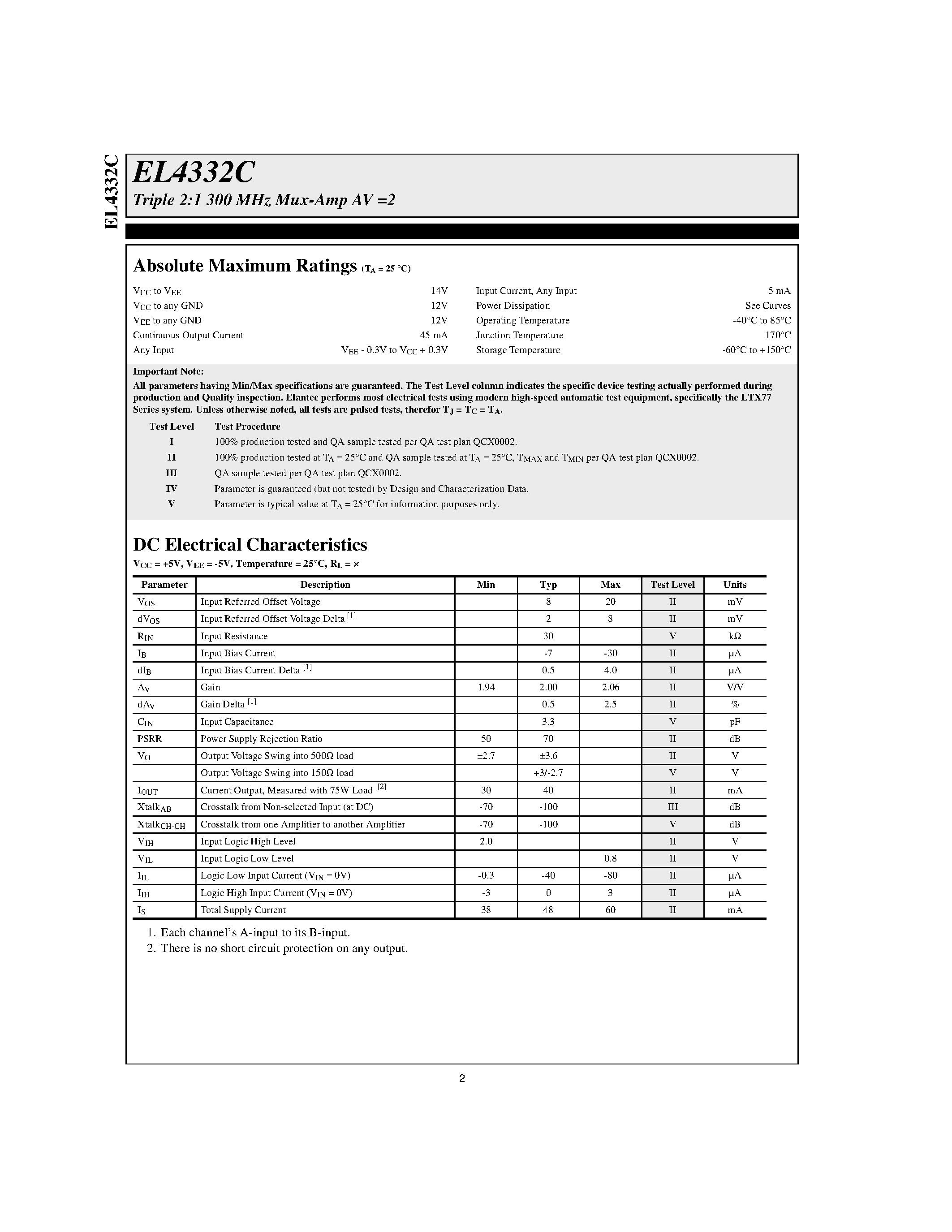 Datasheet EL4332 - Triple 2:1 300 MHz Mux-Amp AV =2 page 2