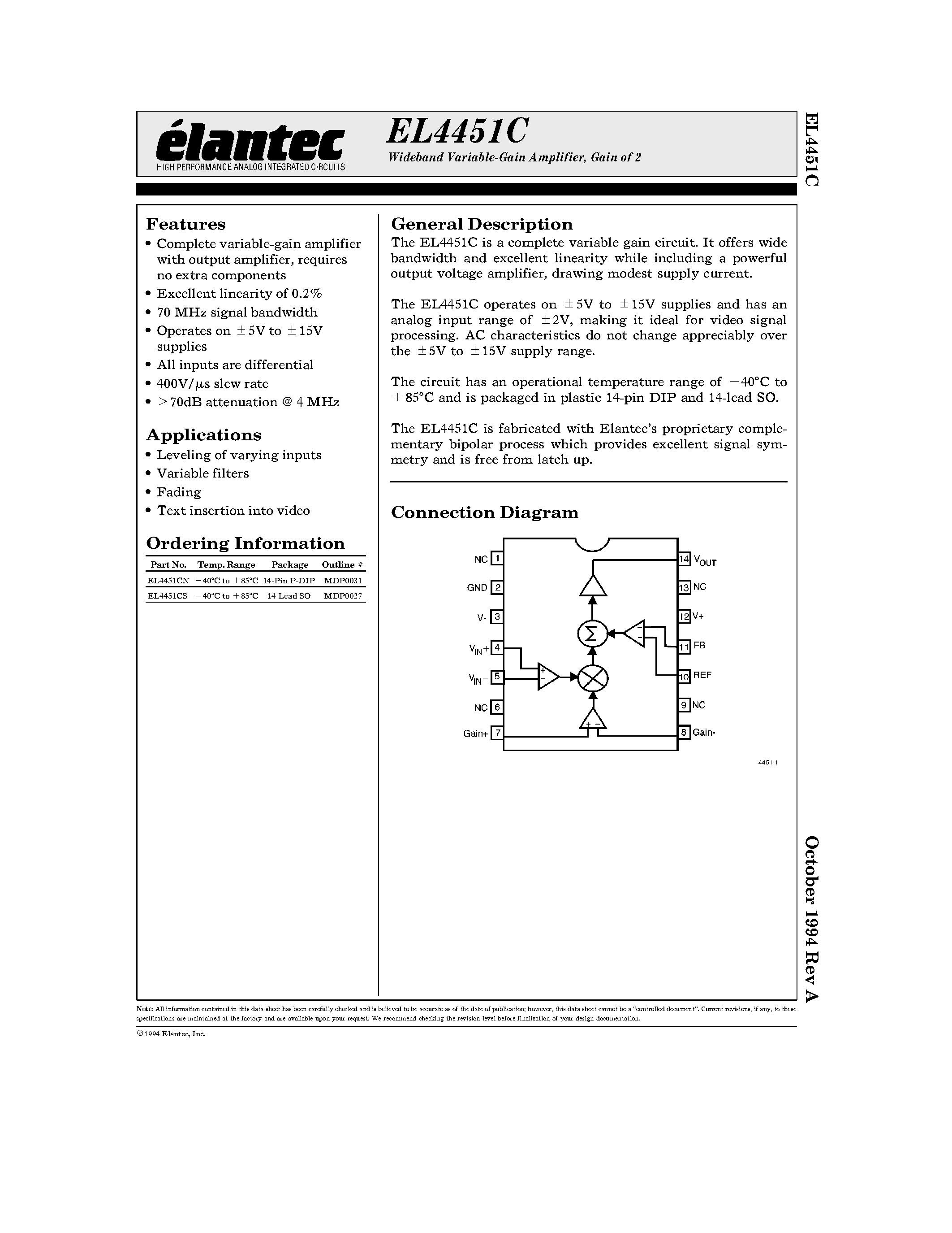 Даташит на микросхему EL4451C страница 1 Даташит EL4451C - Wideband Variable-Gain Amplifier/ Gain of 2 страница 1
