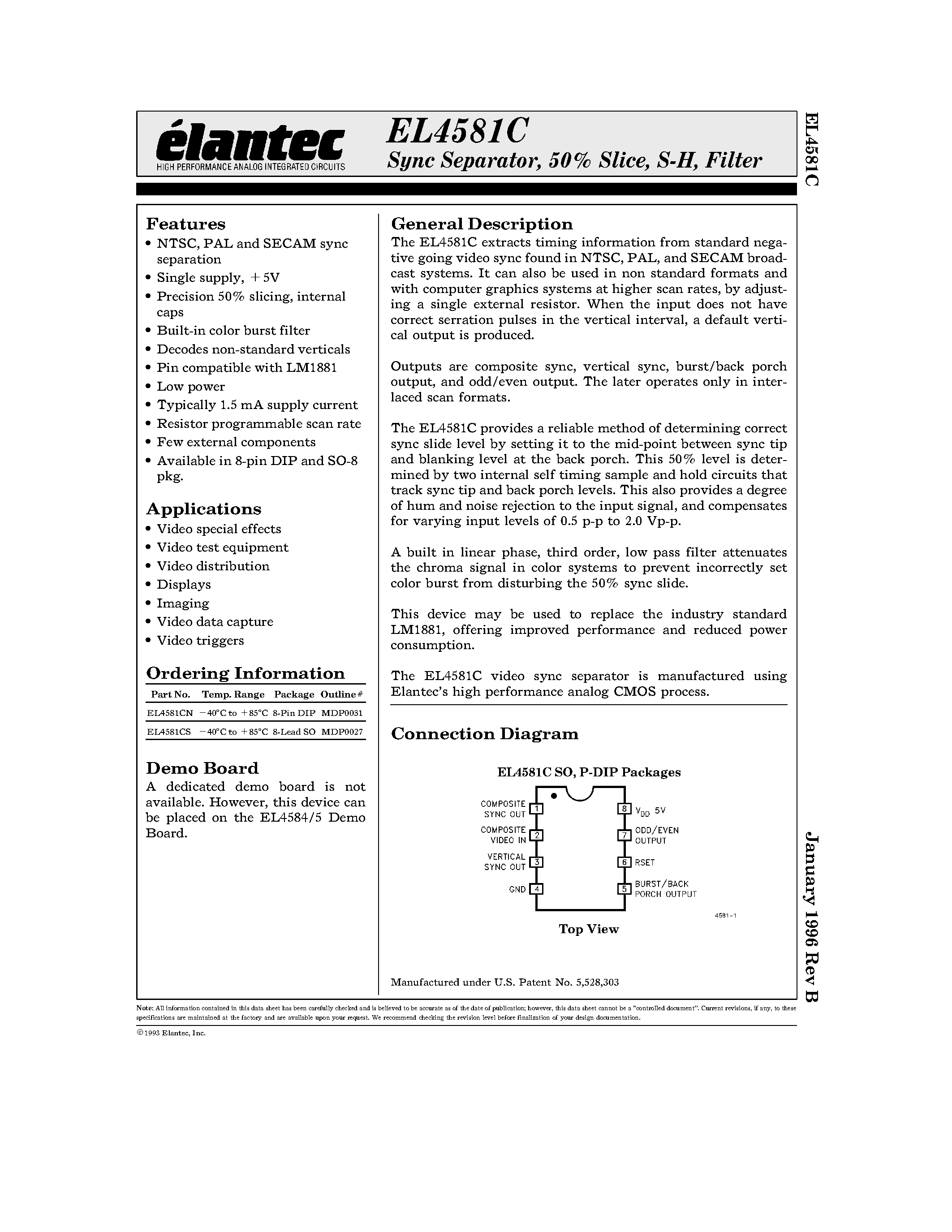 Datasheet EL4581C page 1 Datasheet EL4581C - Sync Separator/ 50% Slice/ S-H/ Filter page 1