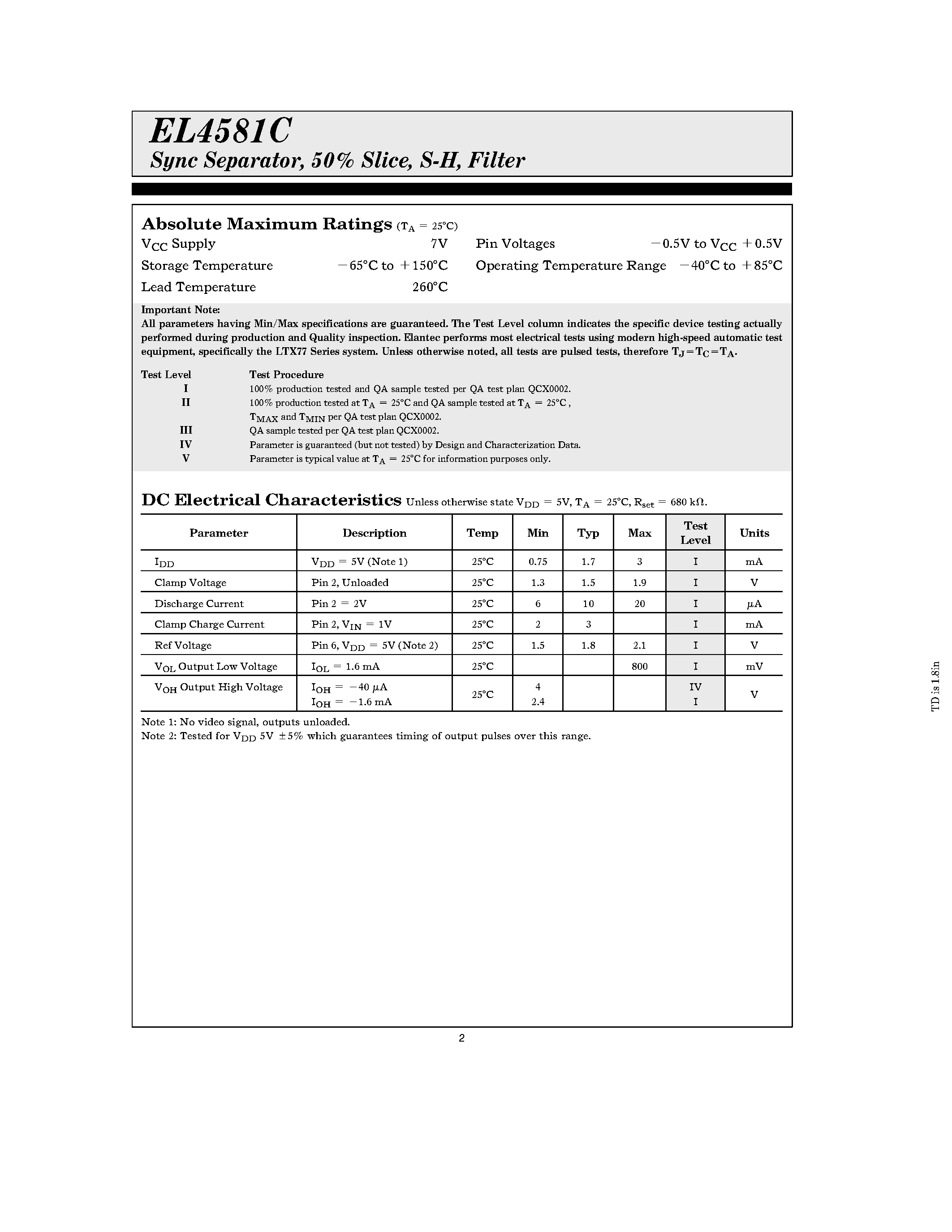 Datasheet EL4581CN page 2 Datasheet EL4581CN - Sync Separator/ 50% Slice/ S-H/ Filter page 2