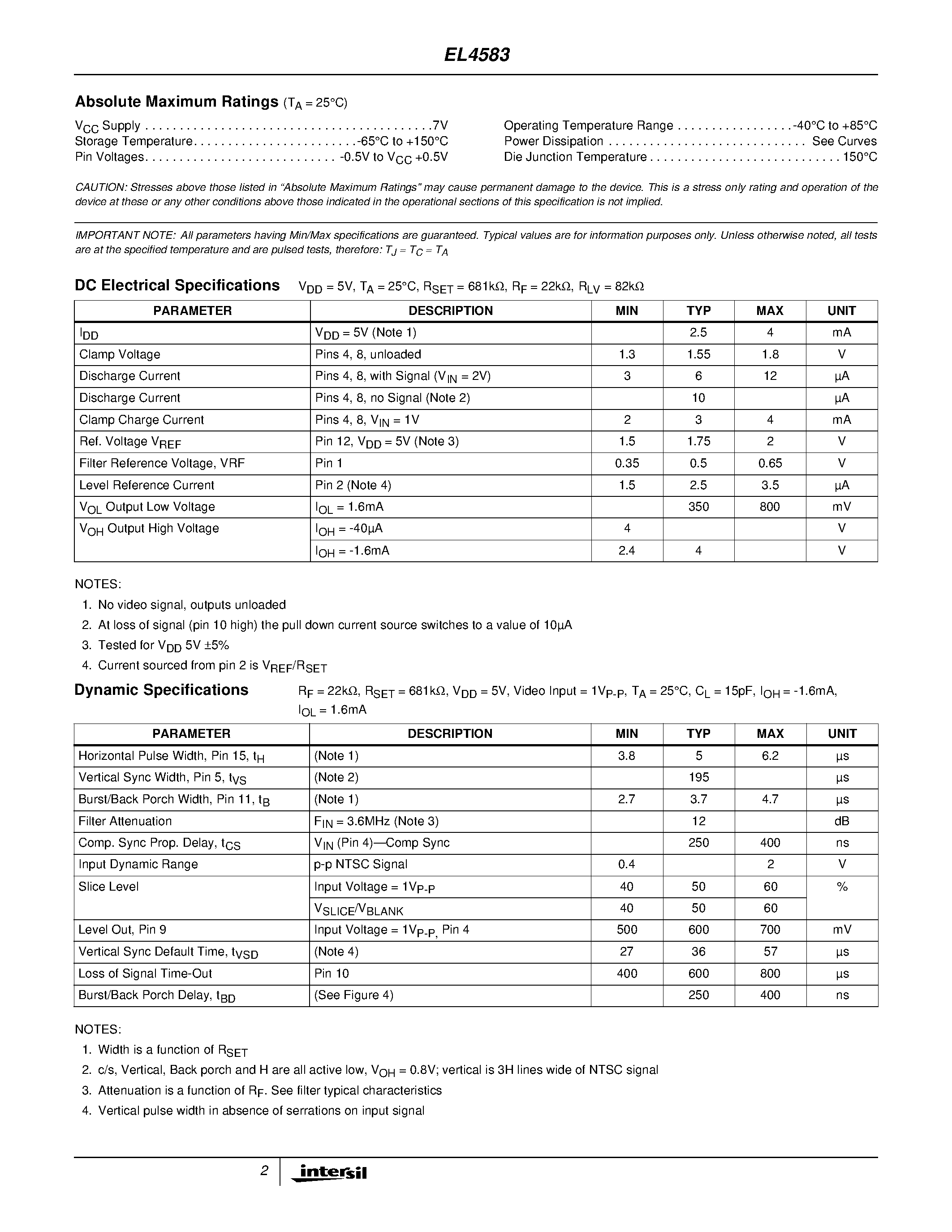 Datasheet EL4583 page 2 Datasheet EL4583 - Sync Separator/ 50% Slice/ S-H/ Filter/ Horizontal sync output page 2
