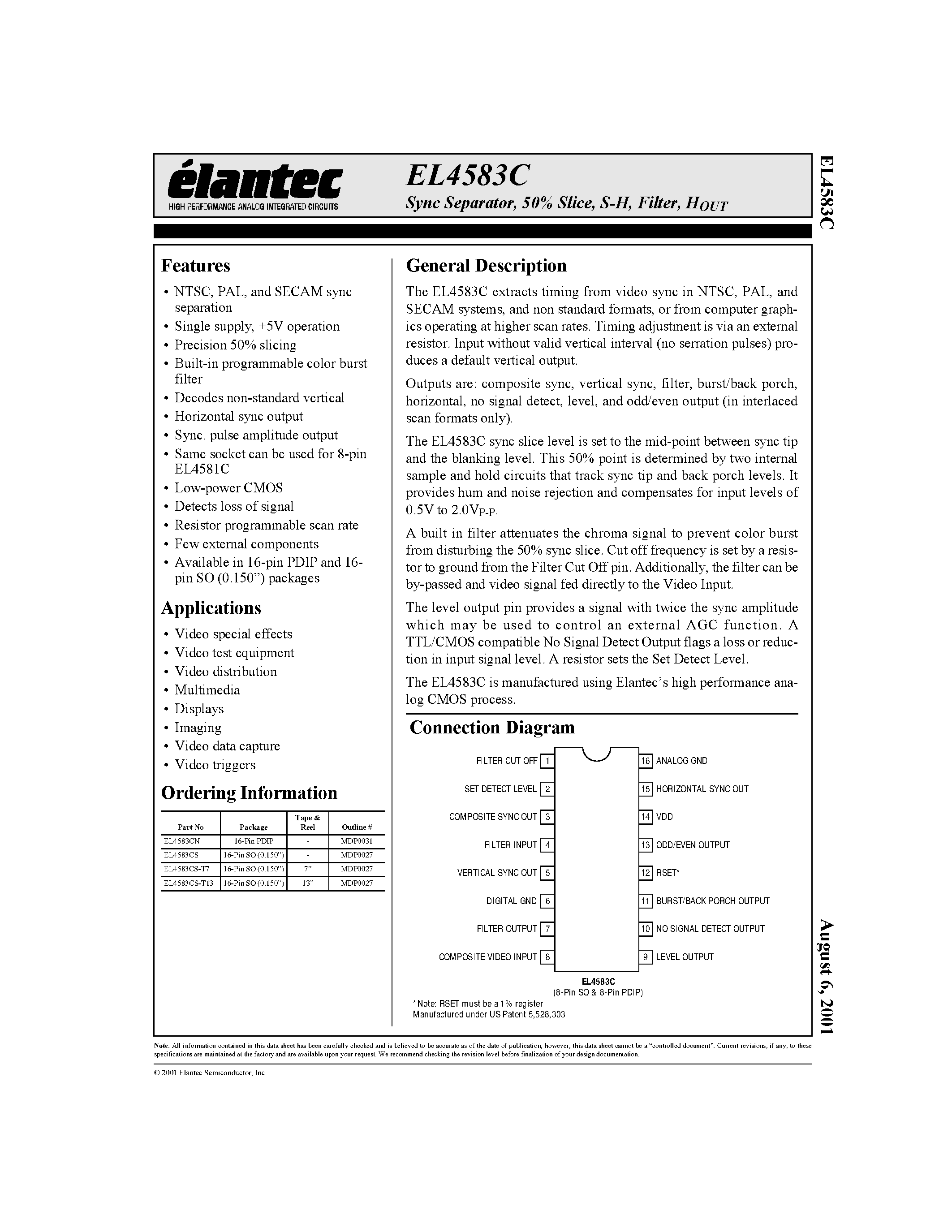 Datasheet EL4583CS page 1 Datasheet EL4583CS - Sync Separator/ 50% Slice/ S-H/ Filter/ HOUT page 1