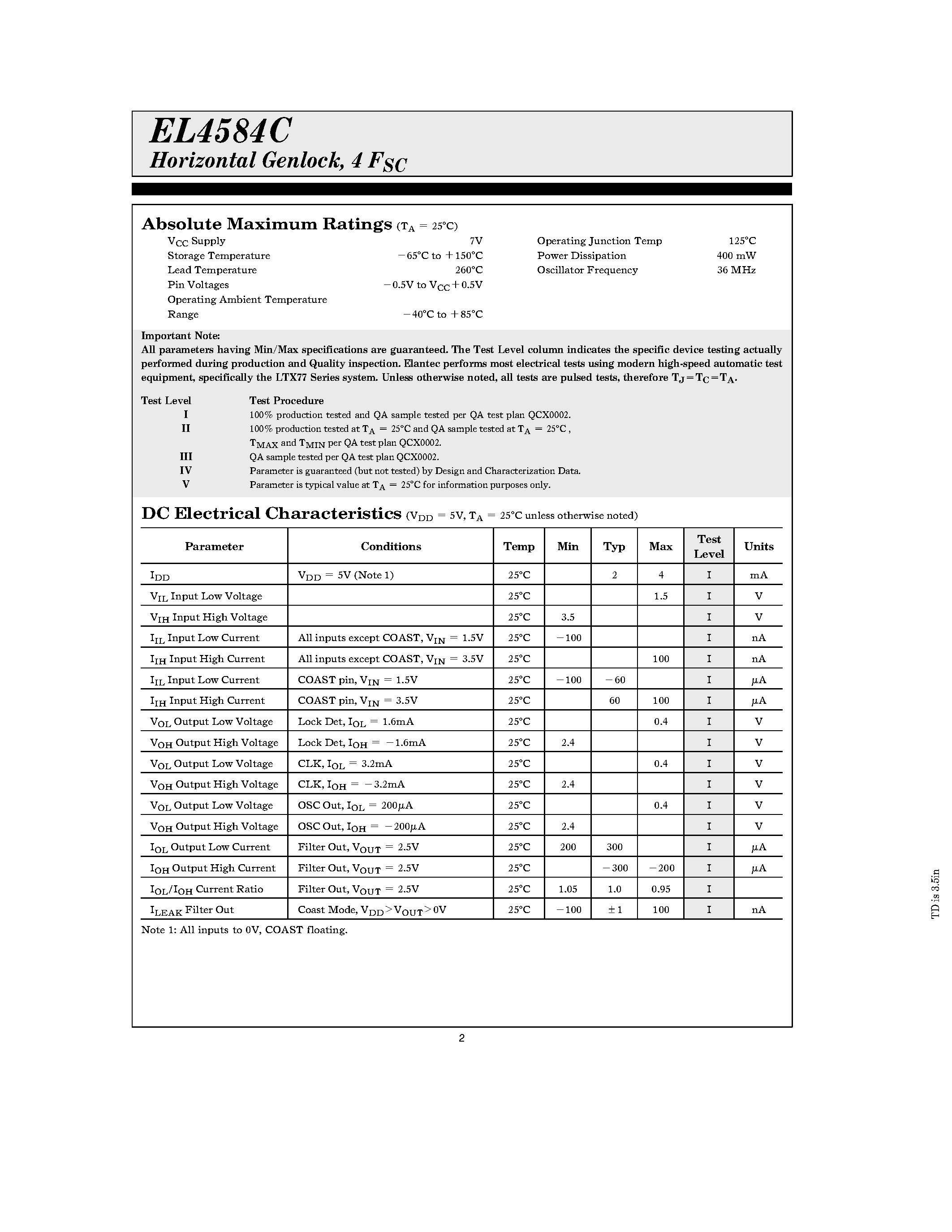 Datasheet EL4584CN - Horizontal Genlock/ 4 FSC page 2