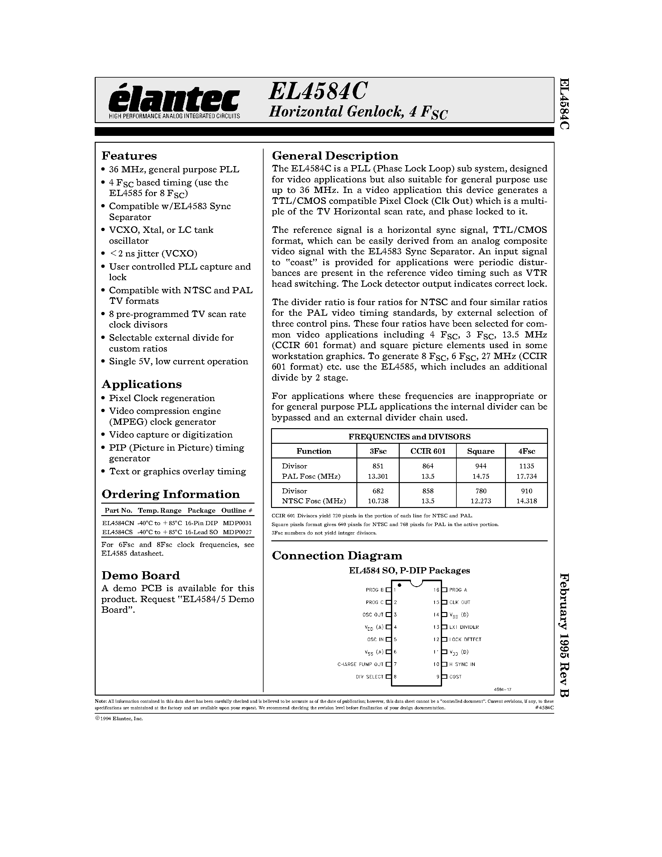 Datasheet EL4584CS - Horizontal Genlock/ 4 FSC page 1