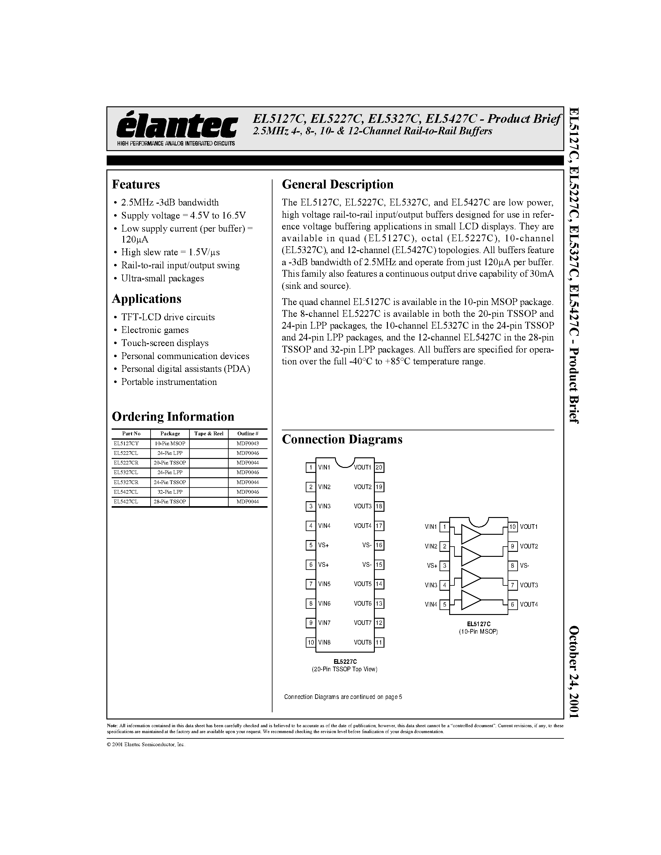 Даташит EL5127CY - Product Brief 2.5MHz 4-/ 8-/ 10- & 12-Channel Rail-to-Rail Buffers страница 1