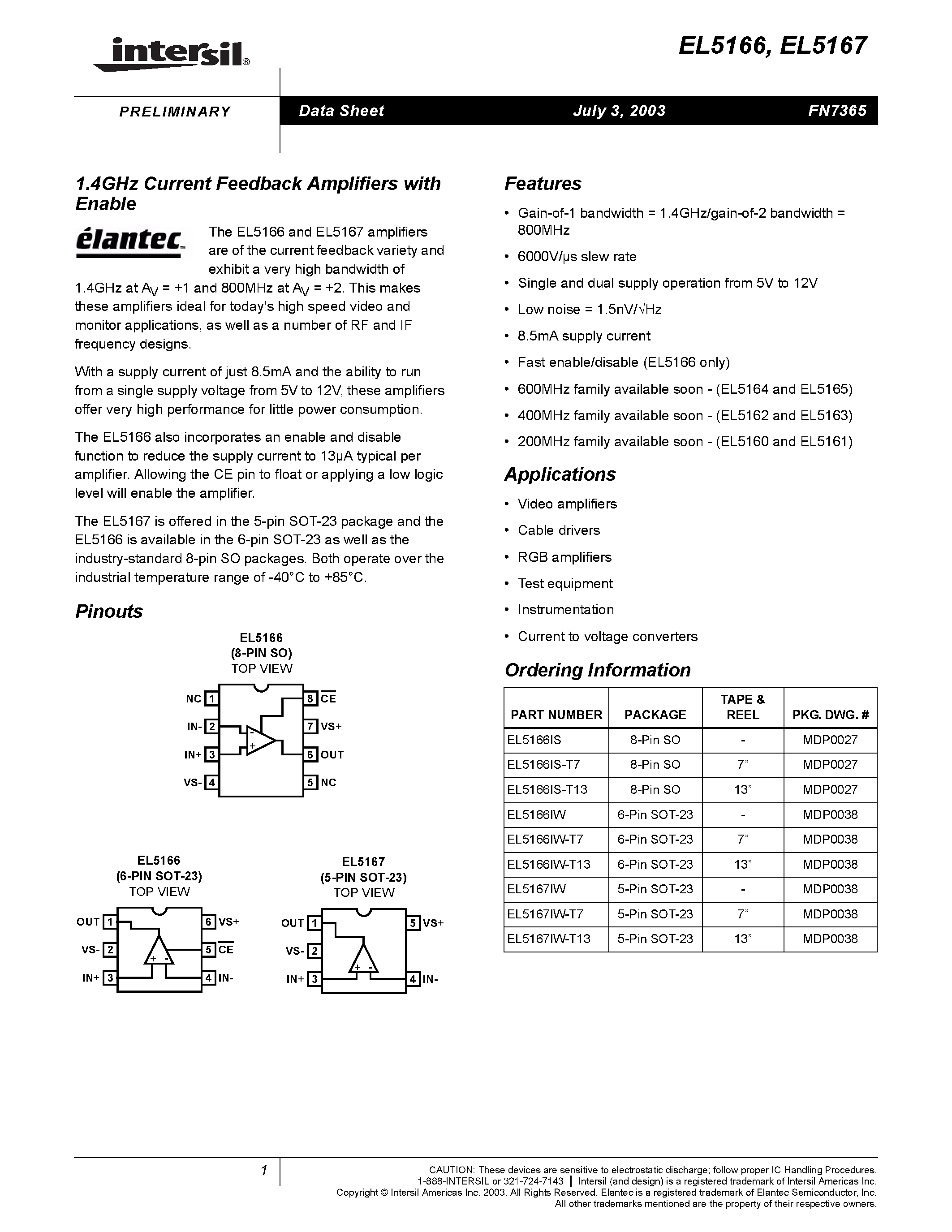 Даташит EL5166IW-T13 - 1.4GHz Current Feedback Amplifiers with Enable страница 1