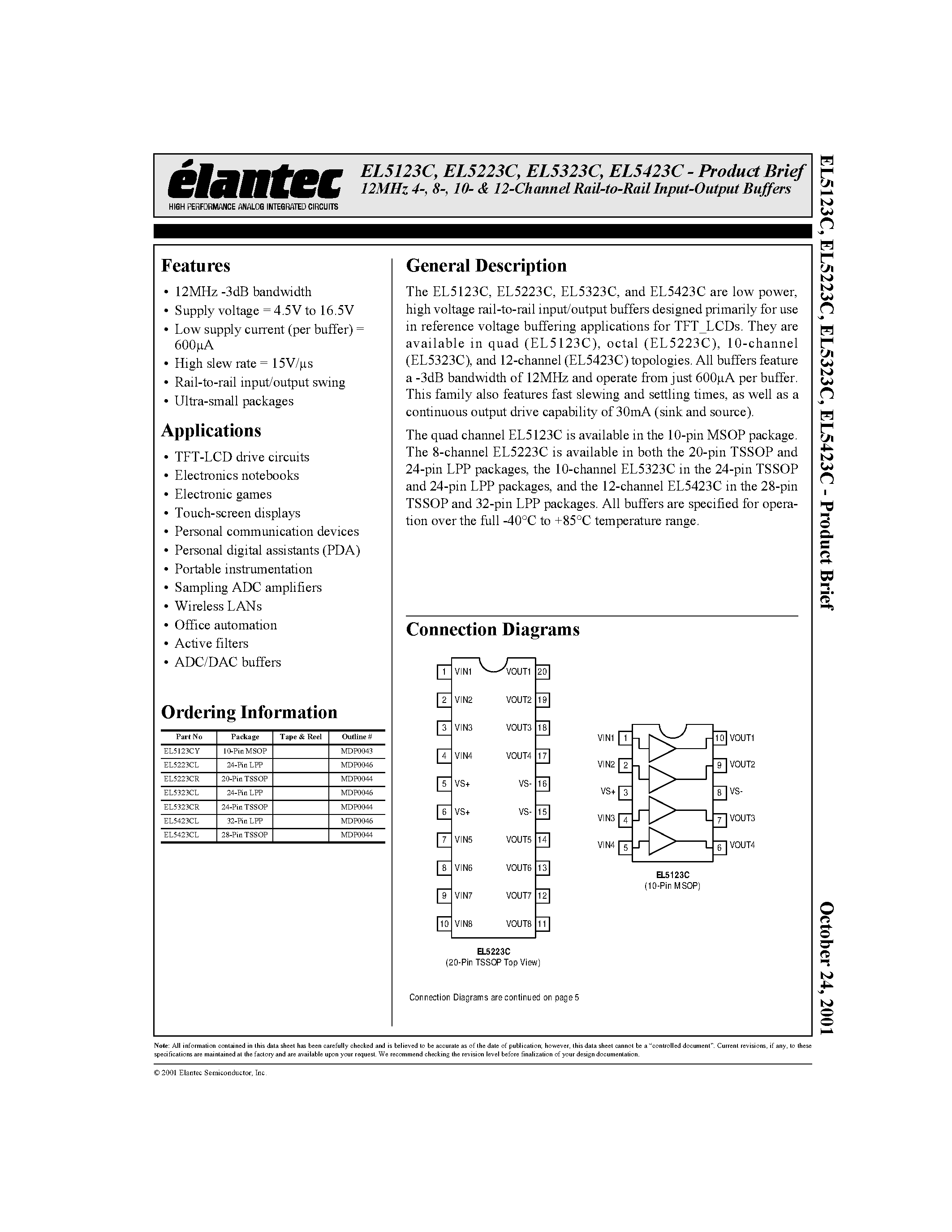 Даташит EL5223CR - Product Brief 12MHz 4-/ 8-/ 10- & 12-Channel Rail-to-Rail Input-Output Buffers страница 1