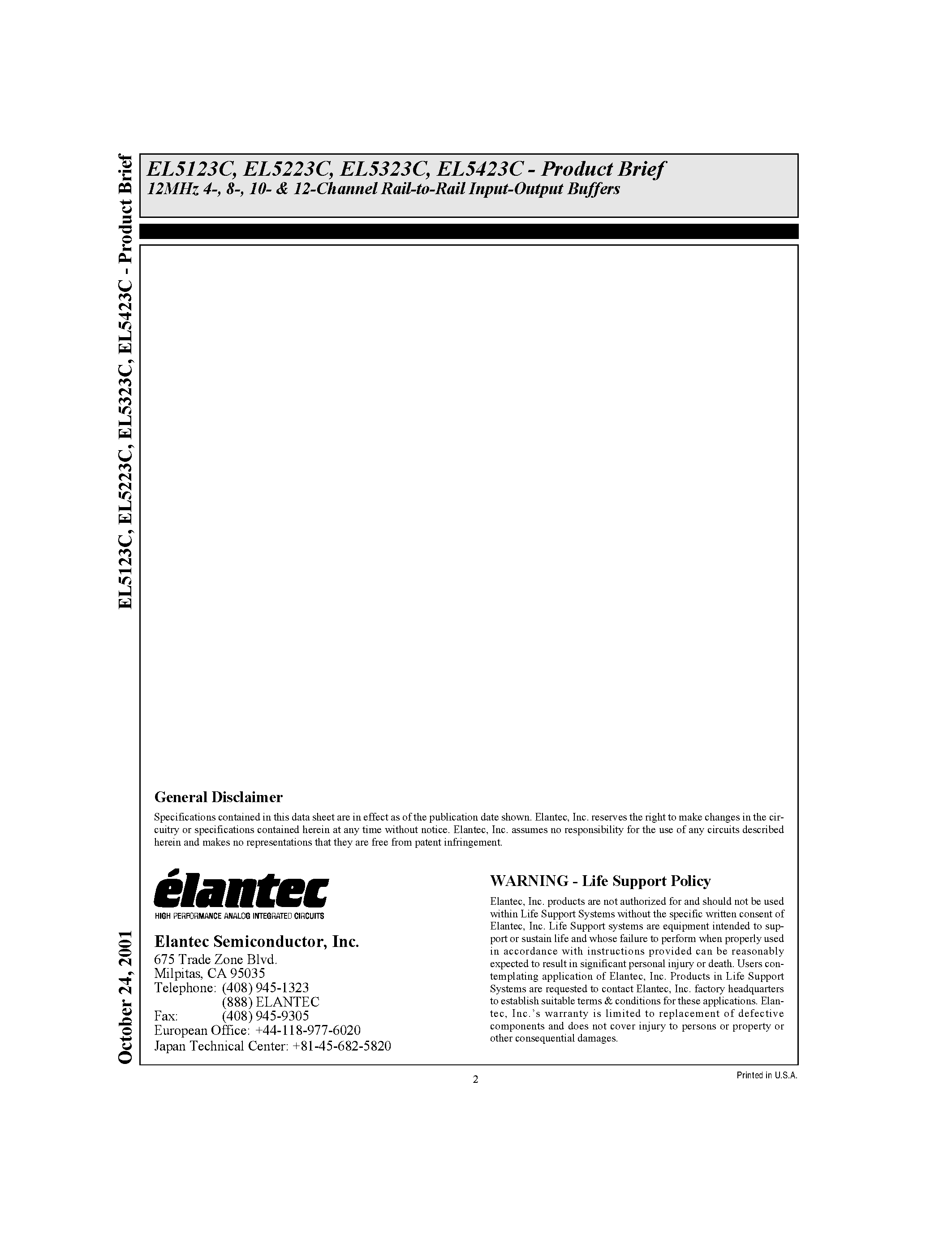Даташит EL5223CR - Product Brief 12MHz 4-/ 8-/ 10- & 12-Channel Rail-to-Rail Input-Output Buffers страница 2