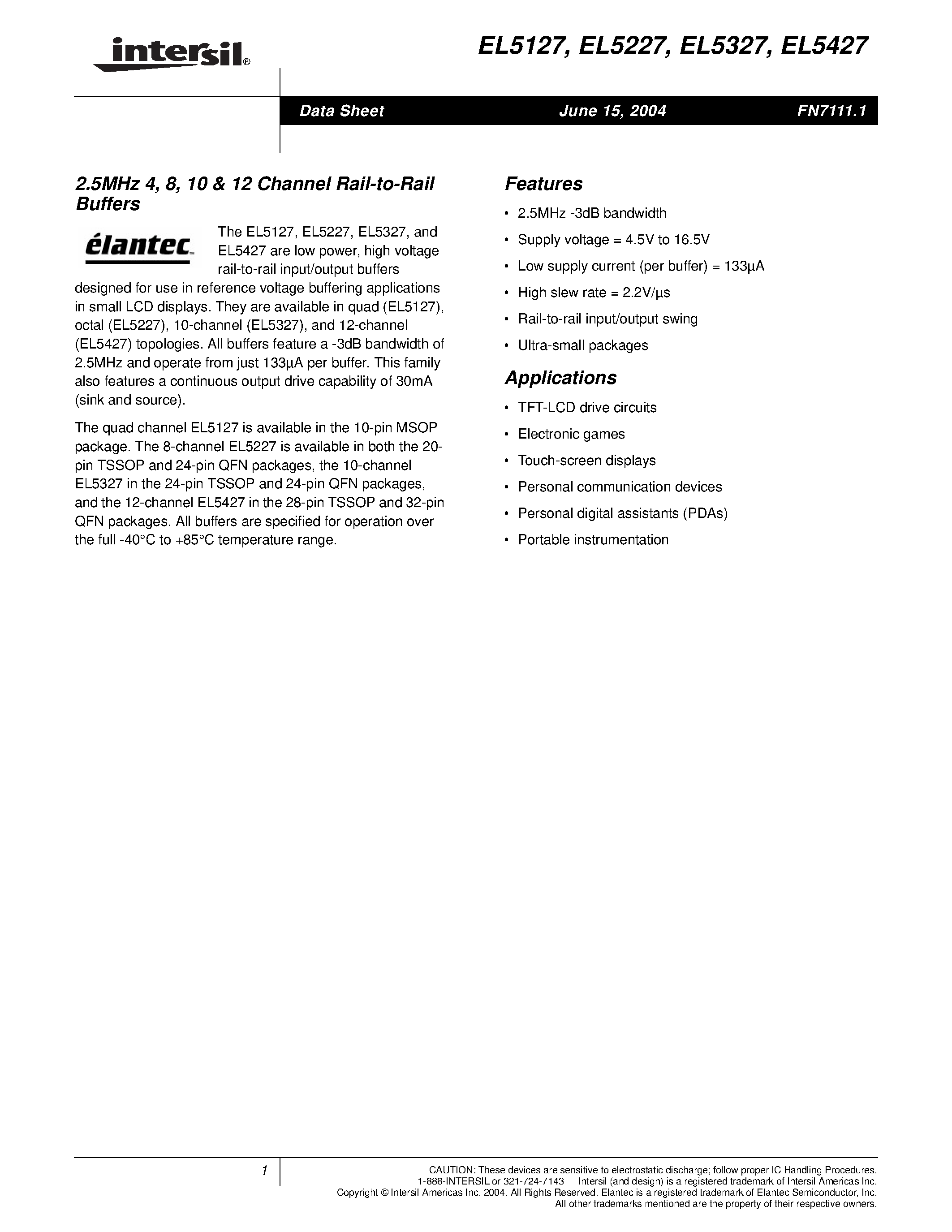 Даташит EL5427CRZ-T7 - 2.5MHz 4/ 8/ 10 & 12 Channel Rail-to-Rail Buffers страница 1