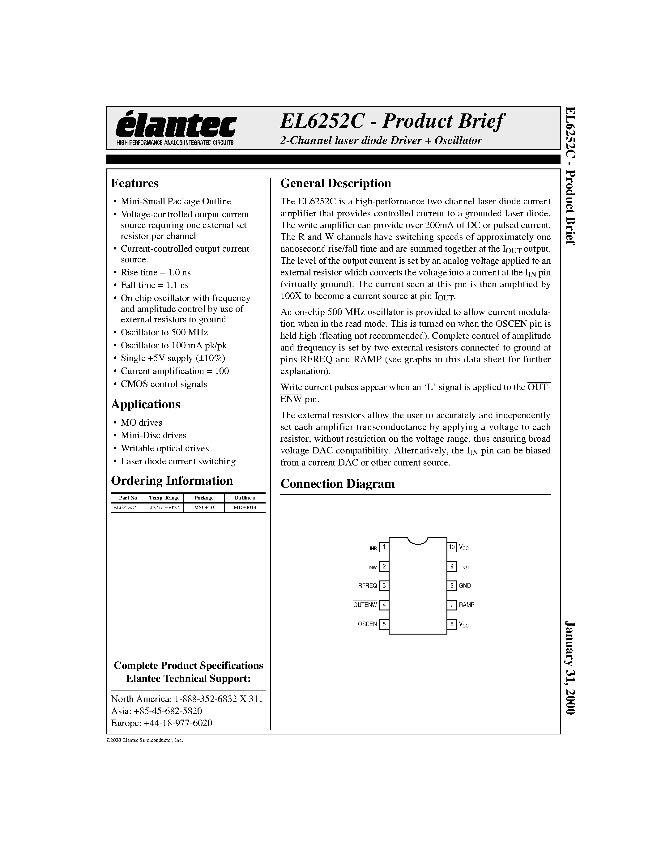 Даташит на микросхему EL6252CY страница 1 Даташит EL6252CY - 2-Channel laser diode Driver + Oscillator страница 1