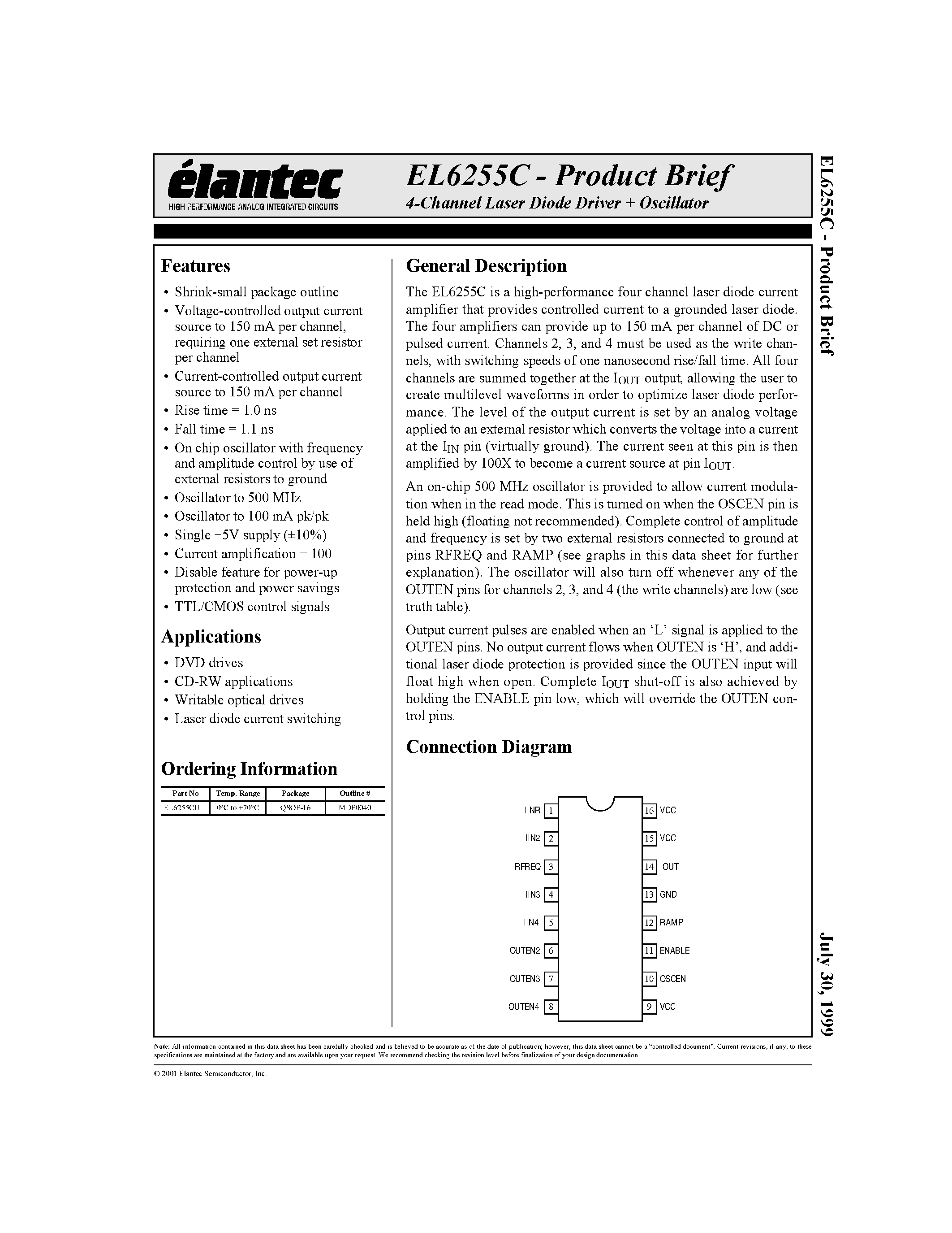 Даташит EL6255 - 4-Channel Laser Diode Driver + Oscillator страница 1